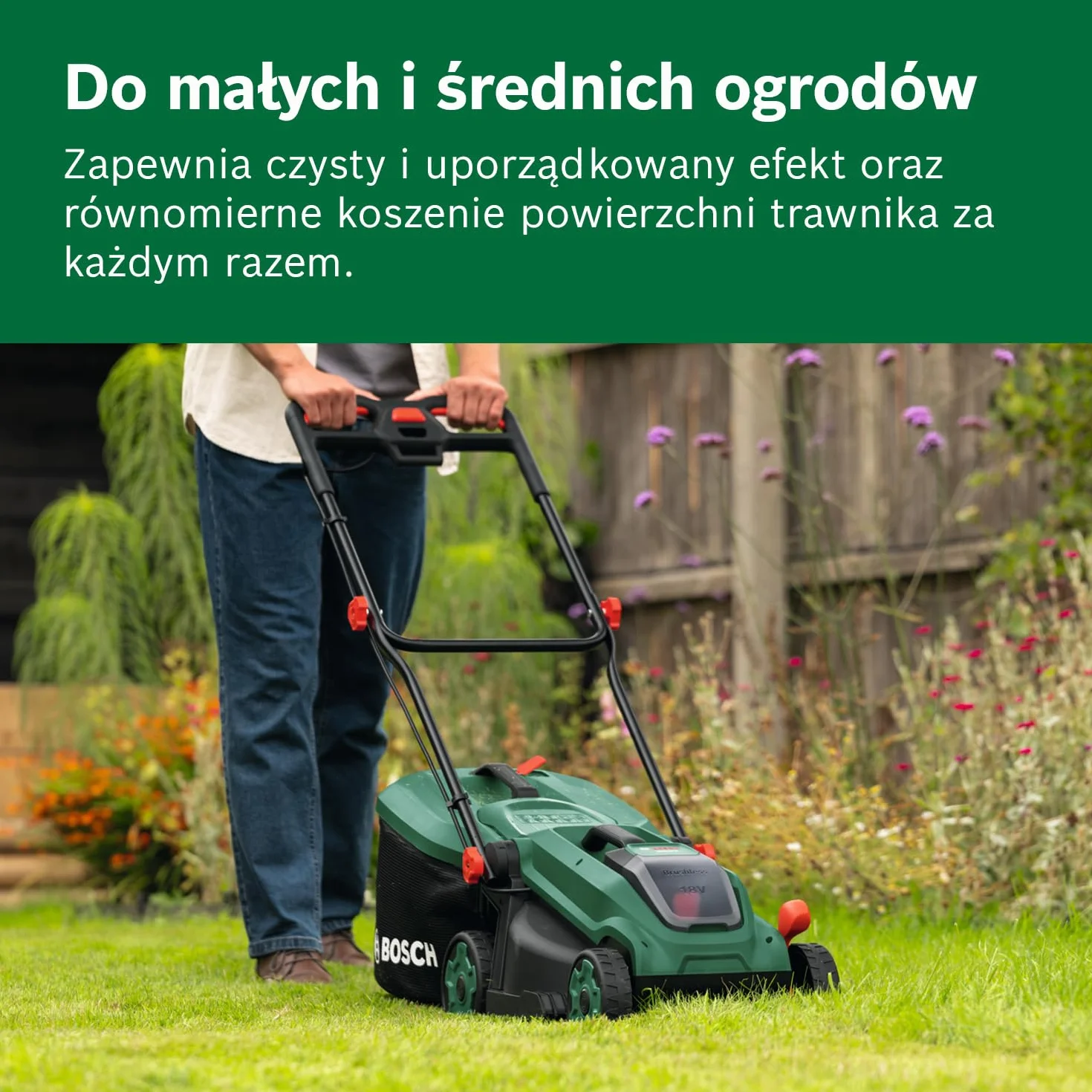 Bosch Kosiarka akumulatorowa ROTAK18V-34 (szerokość cięcia: 34 cm, wysokość cięcia: 25 – 65 mm, materiałowy worek na trawę 35 l, przystawka do mulczowania, akumulator i ładowarka)