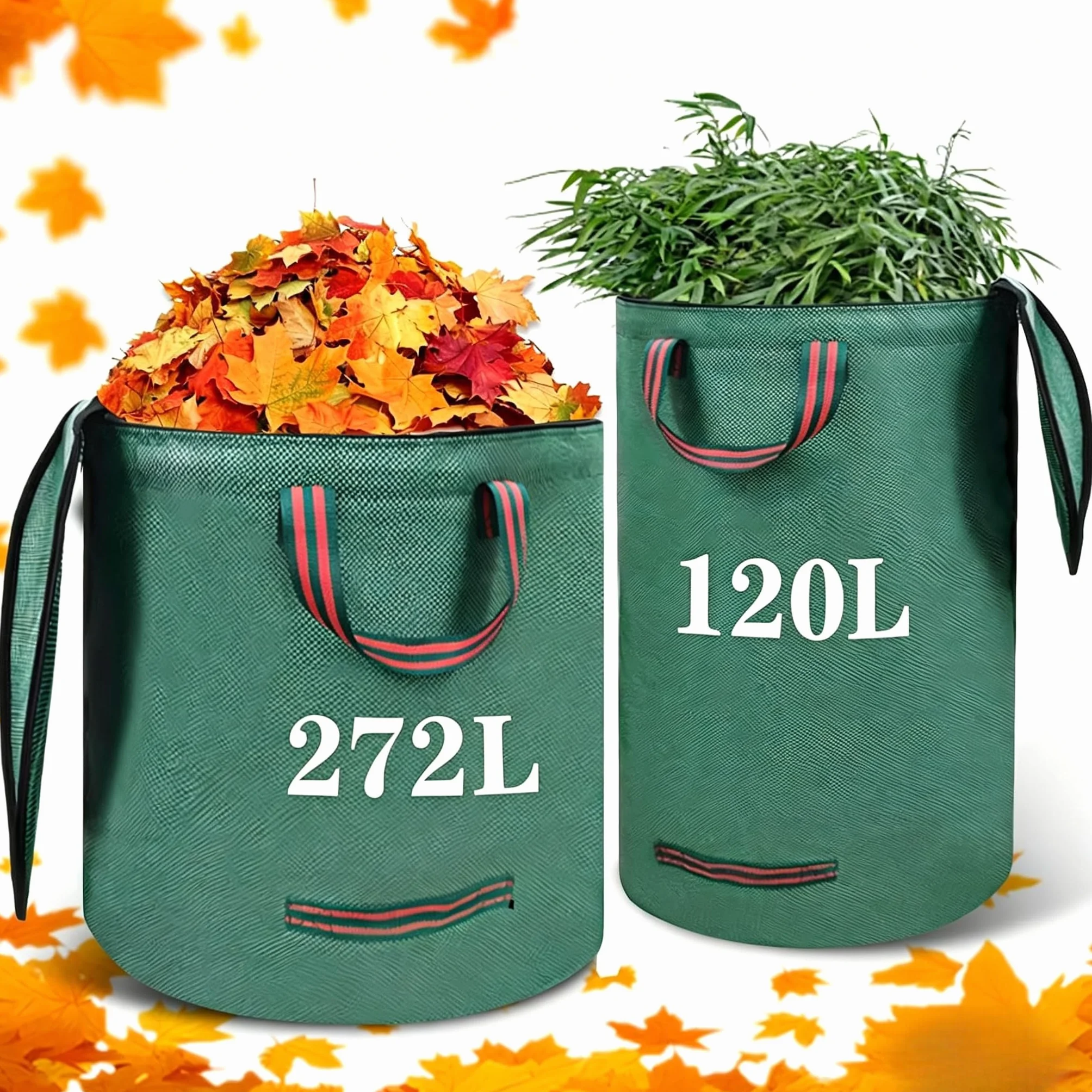 Worek na odpady ogrodowe, 120 l i 272 l, 2 sztuki, worek na liście z pokrywką, stabilny worek na odpady ogrodowe z uchwytami, składany, wytrzymały i wodoszczelny, na trawę, liście, żywopłot i