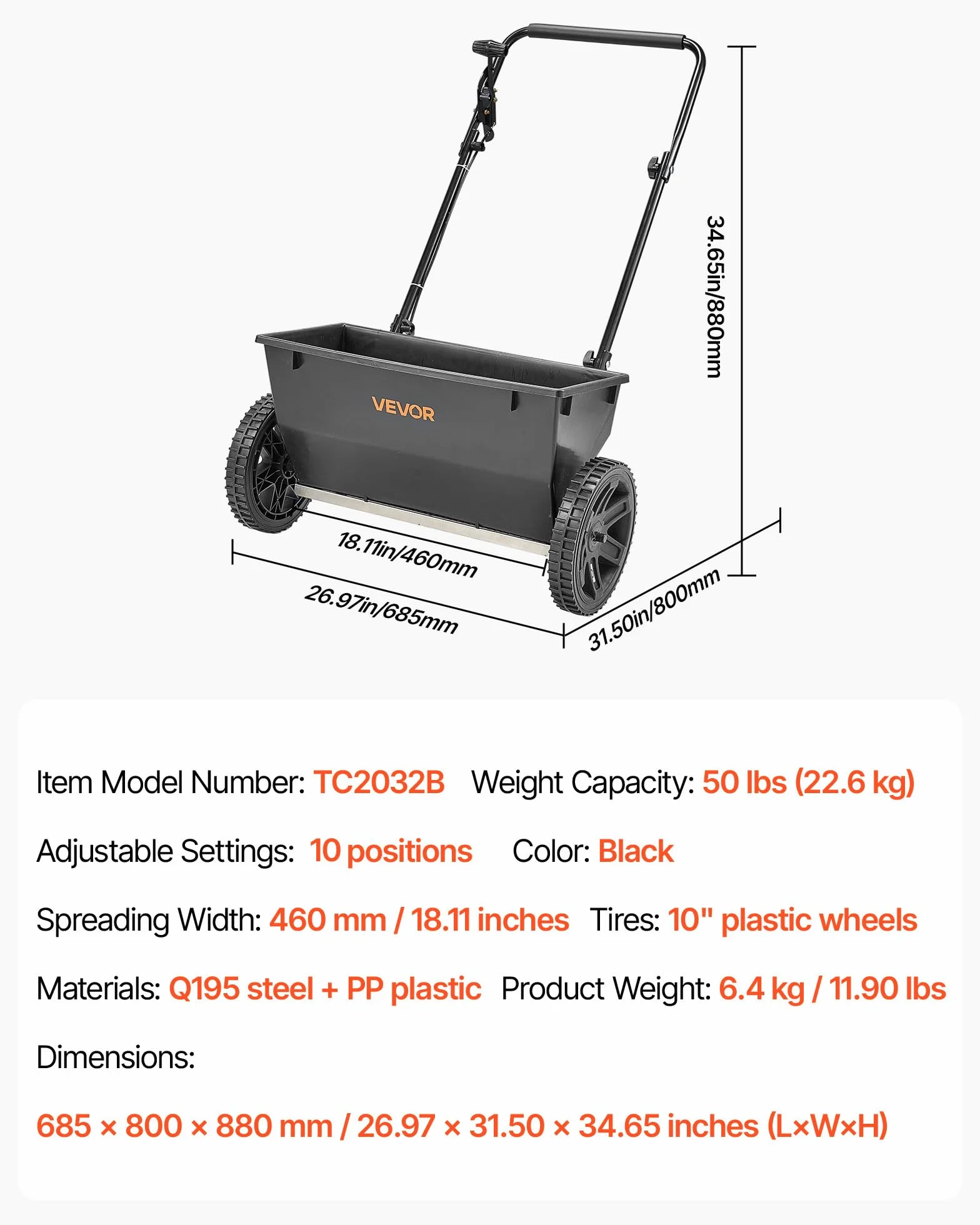 VEVOR Wózek do rozsiewania, pojemność 22,6 kg, wózek wirowy z lejkiem do napełniania, szerokość 460 mm i 30 możliwości regulacji, opony 25,4 cm, rozsiewacz nawozów do nasion, nawóz