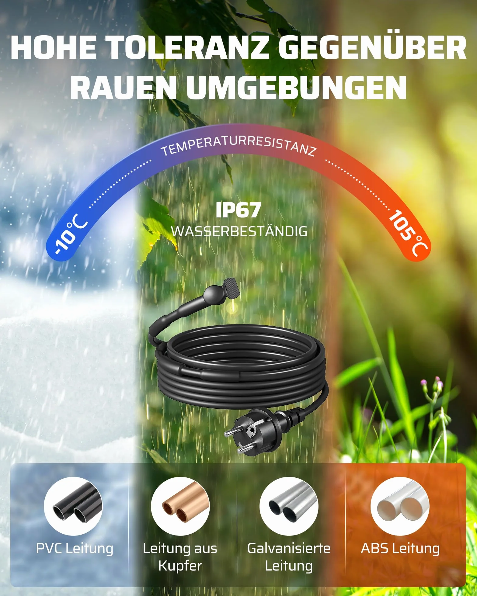 DEWENWILS Przewód grzejny 230 V z termostatem, taśma grzewcza 2 m, ochrona przed zamarzaniem, kabel grzewczy 15 W/M, wodoszczelny przewód grzejny IP44, do rur wodnych, oszczędność
