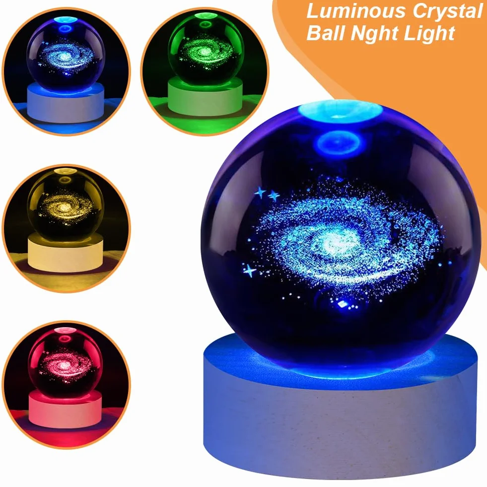 Vicloon 3D galaktyka kryształowa kula lampka nocna, planety 3D, kryształowa kula z drewnianą podstawą, kosmiczna galaktyka LED lampka nocna do dekoracji domu, na stół, prezent urodzinowy, rocznicę
