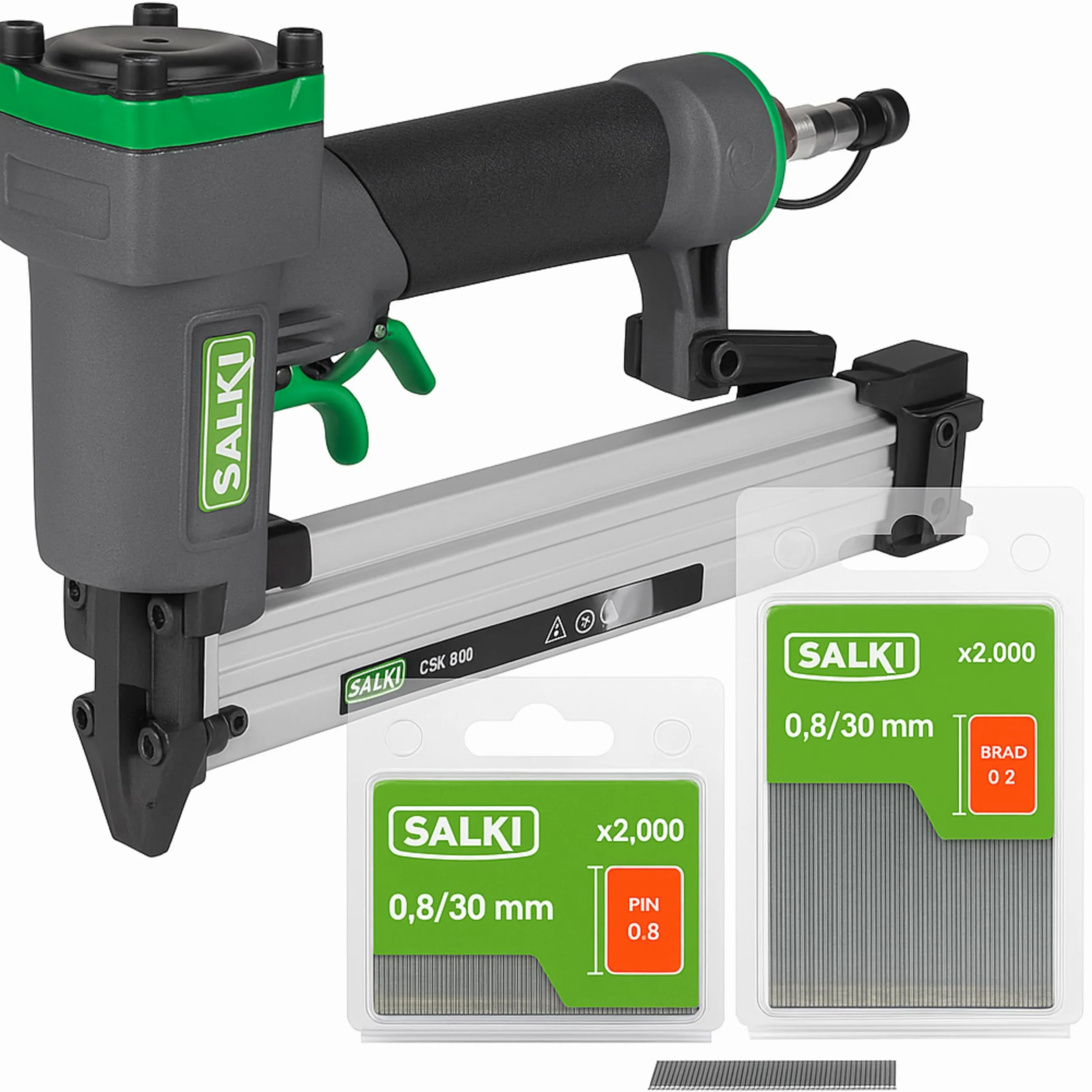 SALKI Gwoździarka pneumatyczna CSK PB08 + 2000 pinów 0,8 x 30 mm + 2000 gwoździ Brad 0,8 x 30 mm | pneumatyczny pistolet do paznokci | zszywacz do stolarki i prac stolarskich