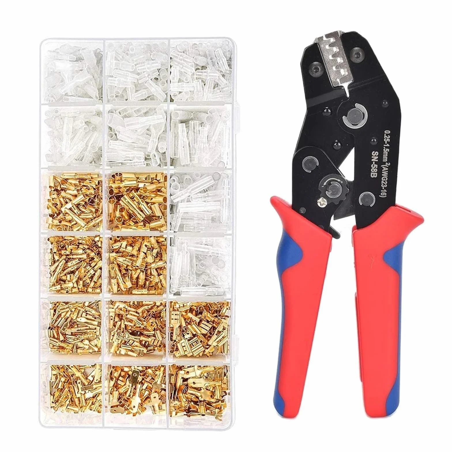Wire Terminal Crimping Tools Kit,Ratcheting Crimp Plier 500 Female Male Spade Connectors&Bullet Terminals Set Hand Crimper(SN-58B)
