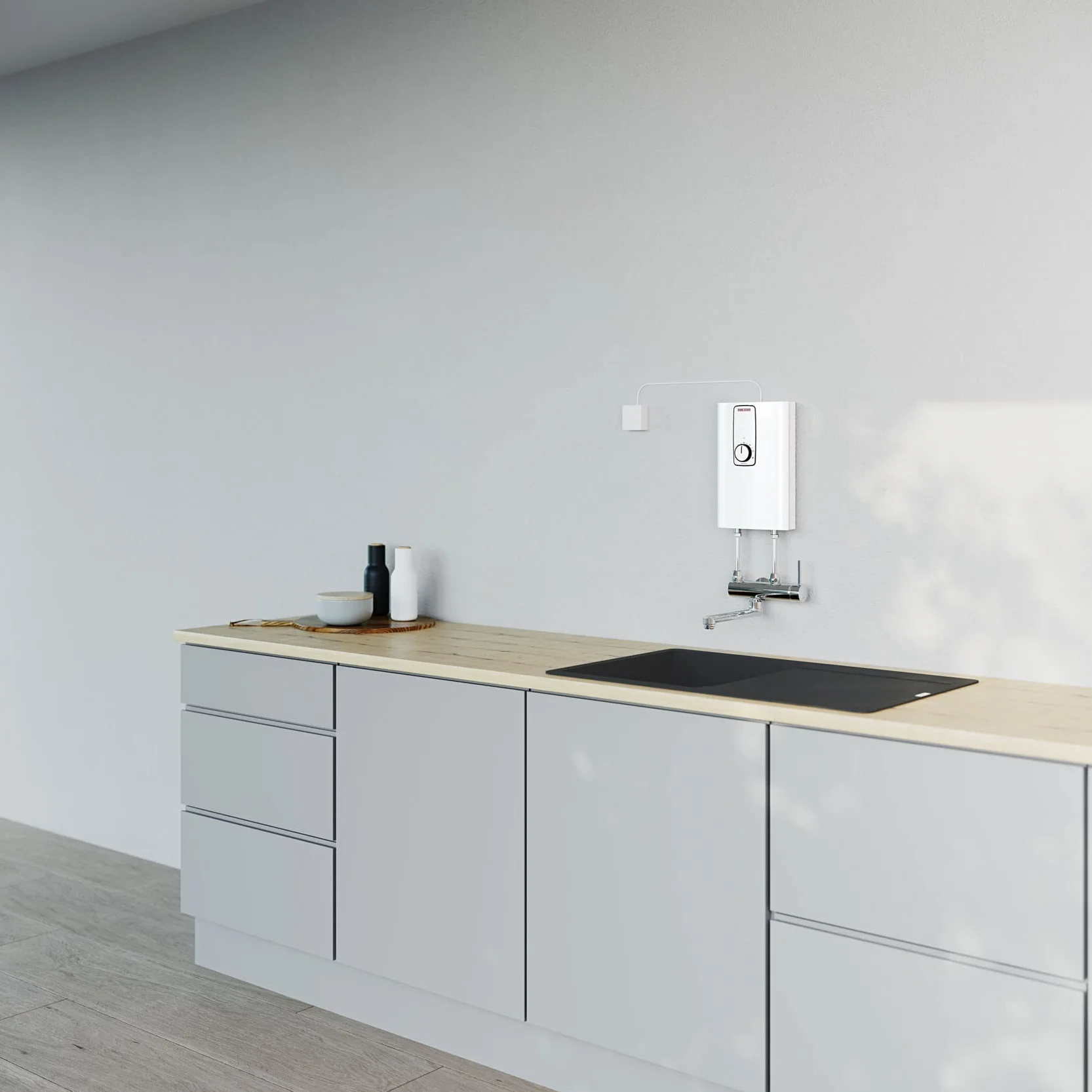 STIEBEL ELTRON Elektroniczny kompaktowy ogrzewacz przepływowy DCE 11/13 H, do kuchni, przyłącze stałe 400 V, możliwość współpracy z instalacją solarną, montaż powyżej punktu poboru, 232792