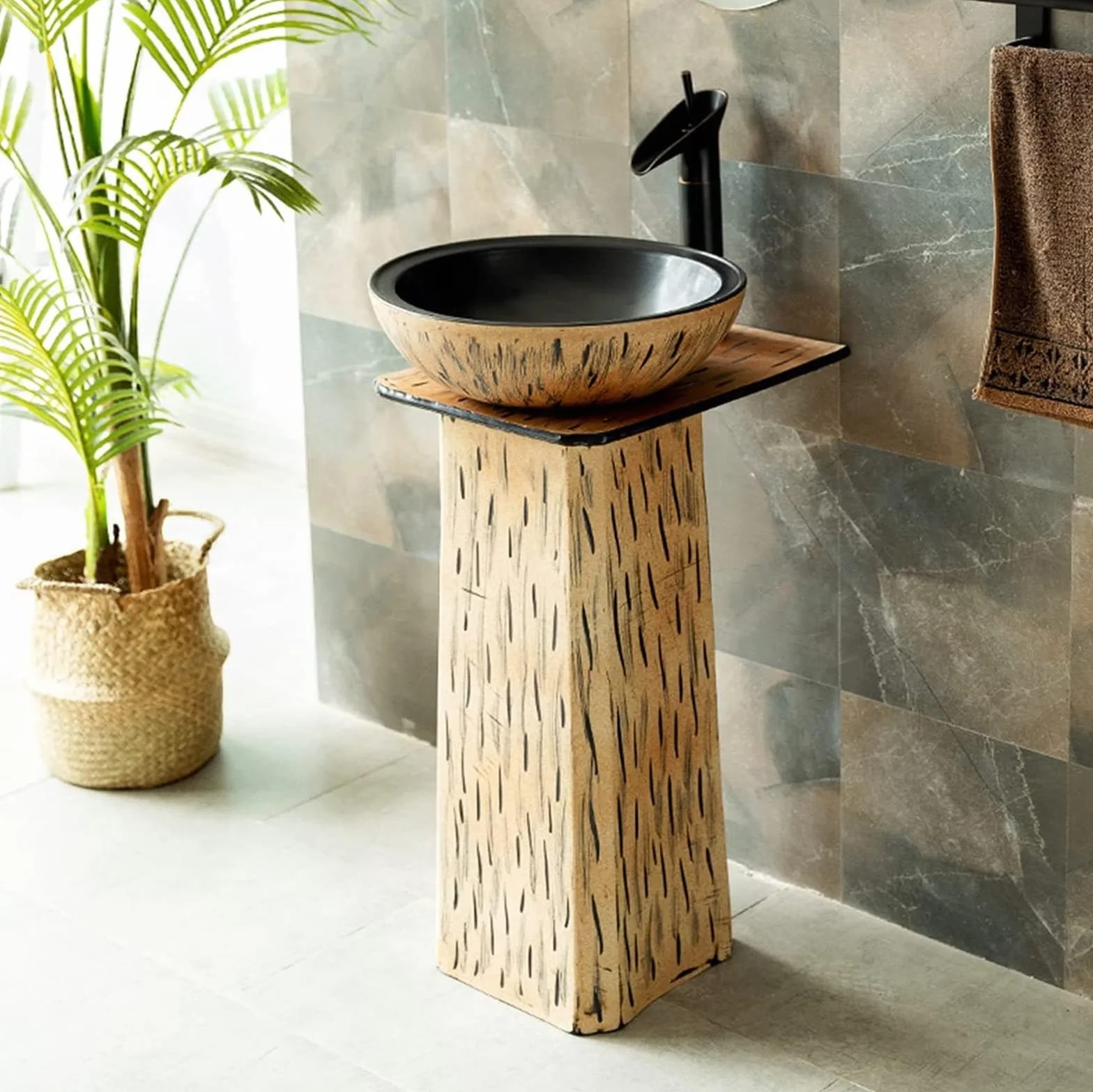 Ceramiczna umywalka łazienkowa, ceramiczna umywalka stojąca, ręcznie robiona umywalka kolumnowa w stylu industrialnym z kranem i korkiem (umywalka stojąca + bateria kombinowana)