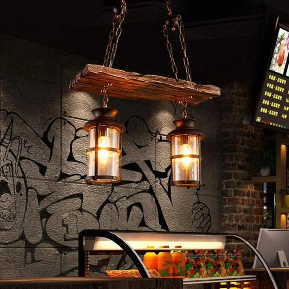 Lampa wisząca w stylu vintage, żyrandol z drewna, metalu, E27, rustykalna, liniowa, lampa sufitowa do salonu, jadalni, restauracji, kawiarni, hotelu, przedpokoju, piwnicy, piwnicy