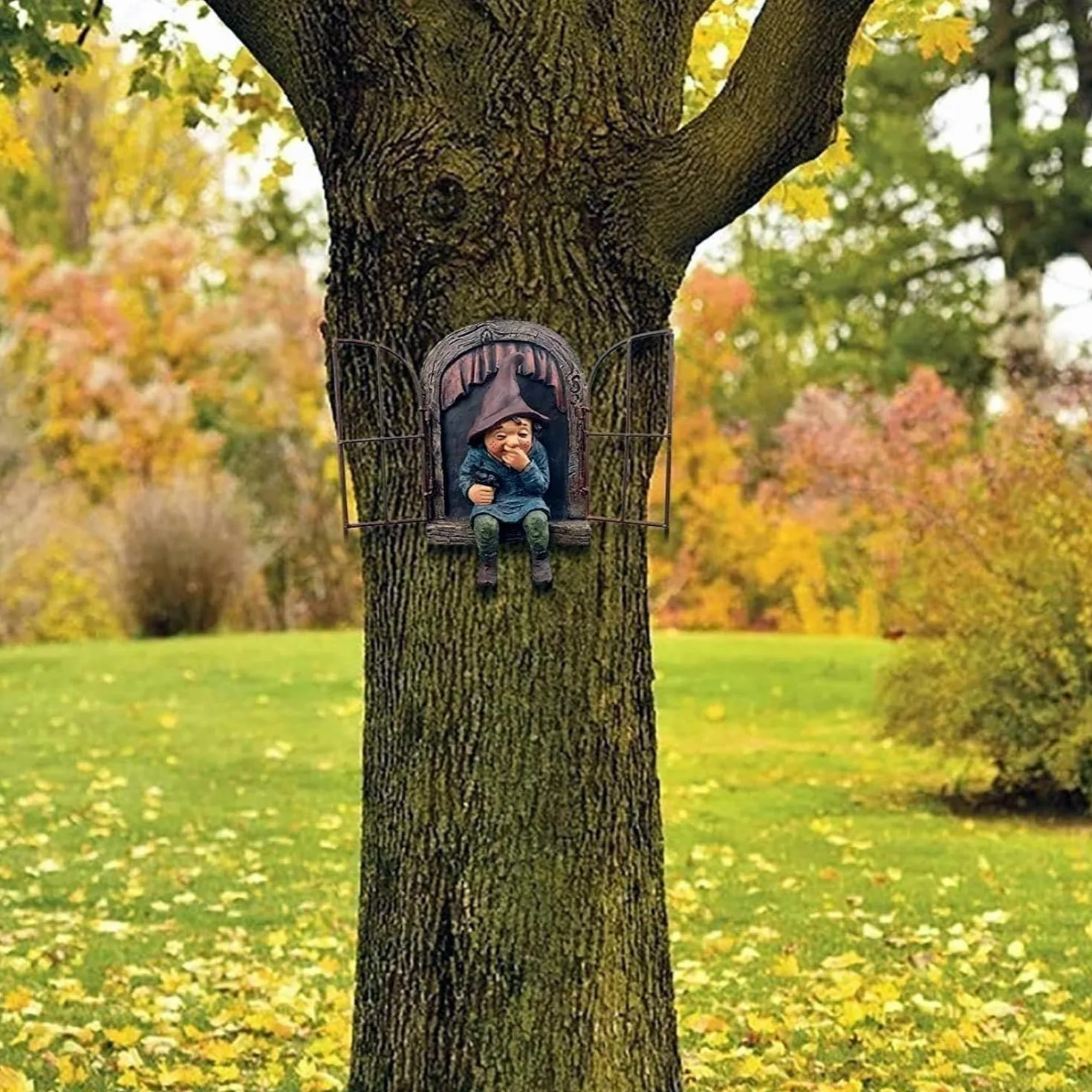 Elf Out The Door Tree Hugger, figurka krasnala z żywicy, wiszące krasnale ogrodowe, dekoracja na taras, trawnik (kobiety)