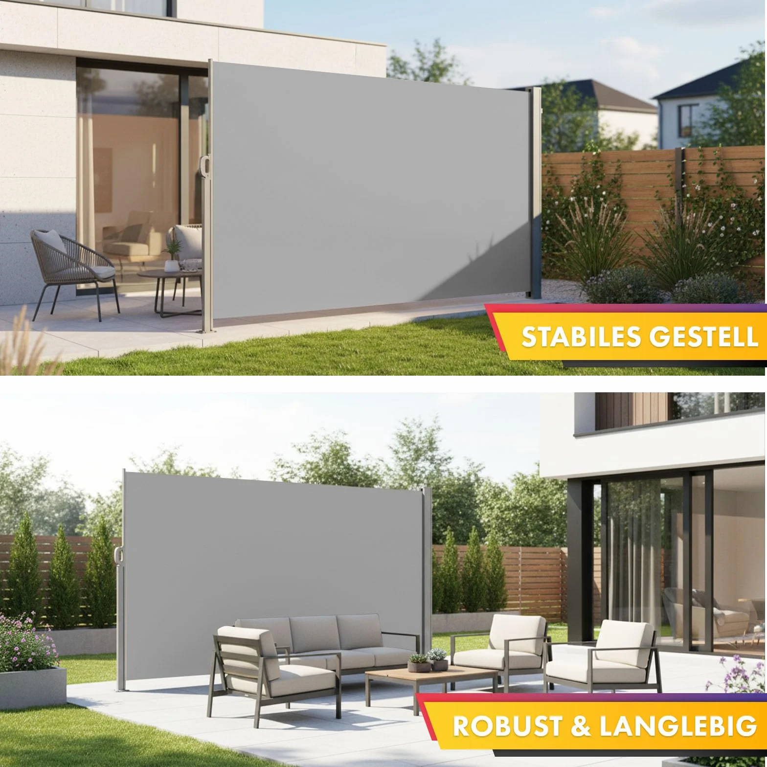 Floordirekt Markiza boczna z aluminium, 200 x 300 cm, jasnoszara – wysuwana ochrona przed wzrokiem i słońcem na balkon i taras, poliester 280 g/m² (PU), ochrona UV UPF50+, z uchwytem podłogowym