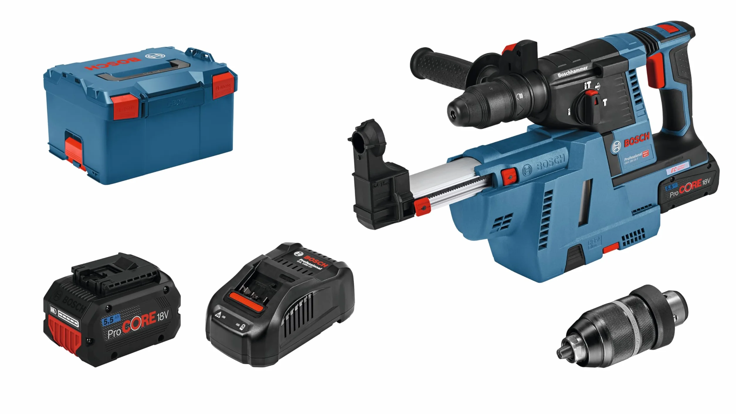 Bosch Professional system 18V: akumulatorowy młot udarowo-obrotowy GBH 18V-26 F (2 akumulatory ProCORE18V 5.5 Ah, ładowarka GAL 1880 CV, walizka L-BOXX)