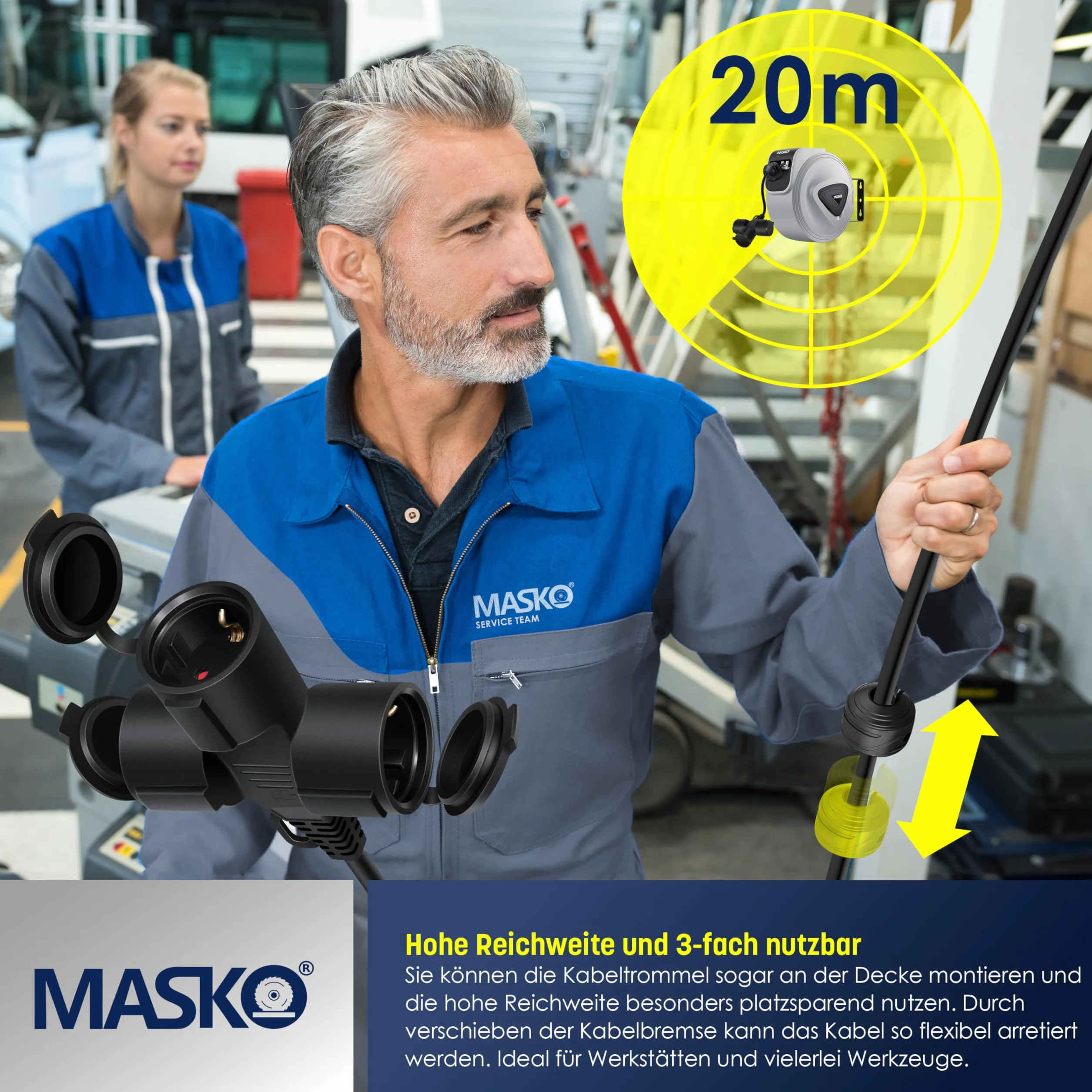 MASKO® Automatyczny bęben kablowy, przedłużacz 20 m, 3-krotne podłączenie, obracany o 180°, przewód doprowadzający, uchwyt ścienny, warsztat, zwijacz kabli, automatyczny bęben prądowy, szary / czarny