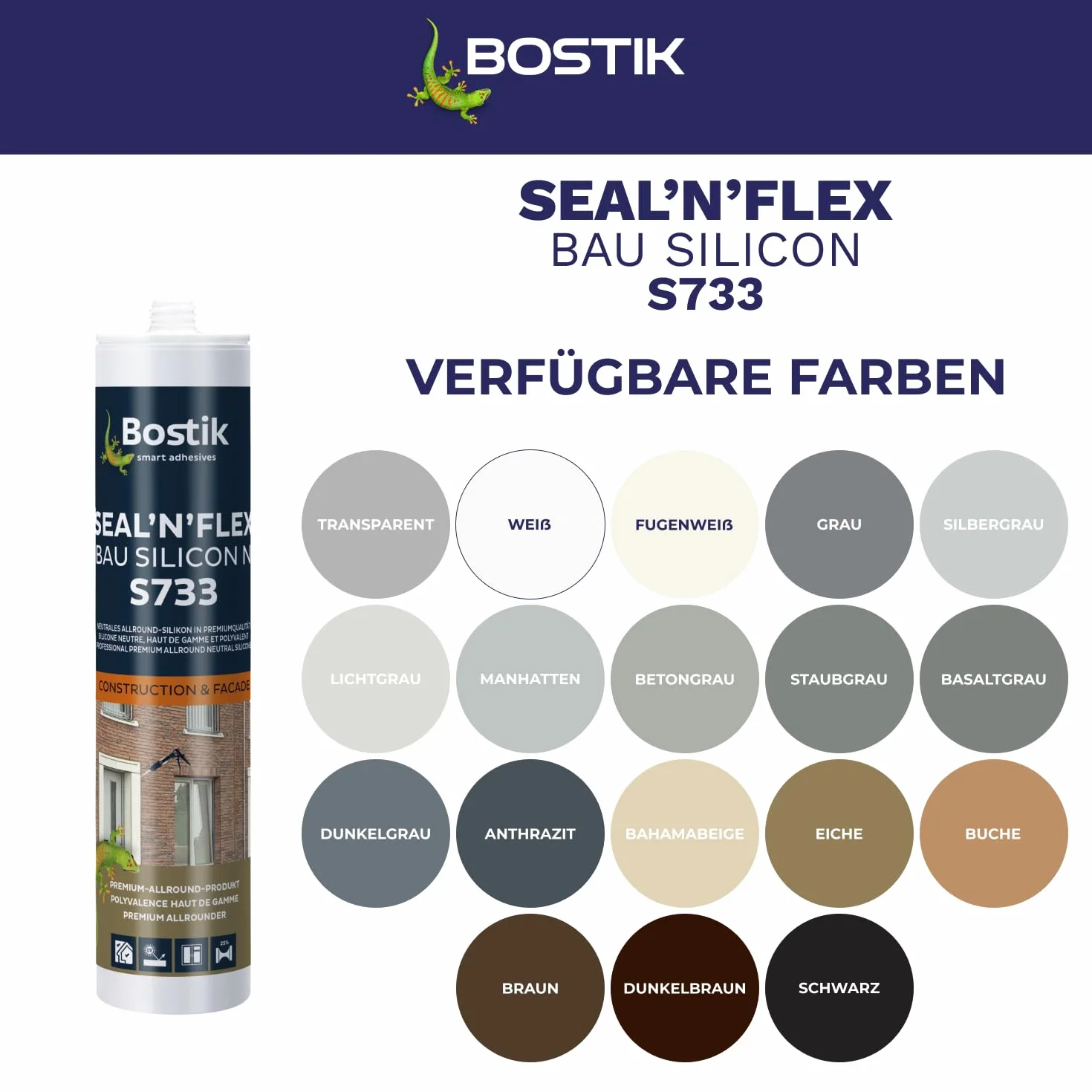 BOSTIK S733 Seal´n´Flex Bau silikon pyłoszczelny szary – neutralny uniwersalny silikon, odporny na pleśń, trwale elastyczny, dobrze tolerowany przez malowanie, do użytku wewnątrz i na zewnątrz, 300 ml