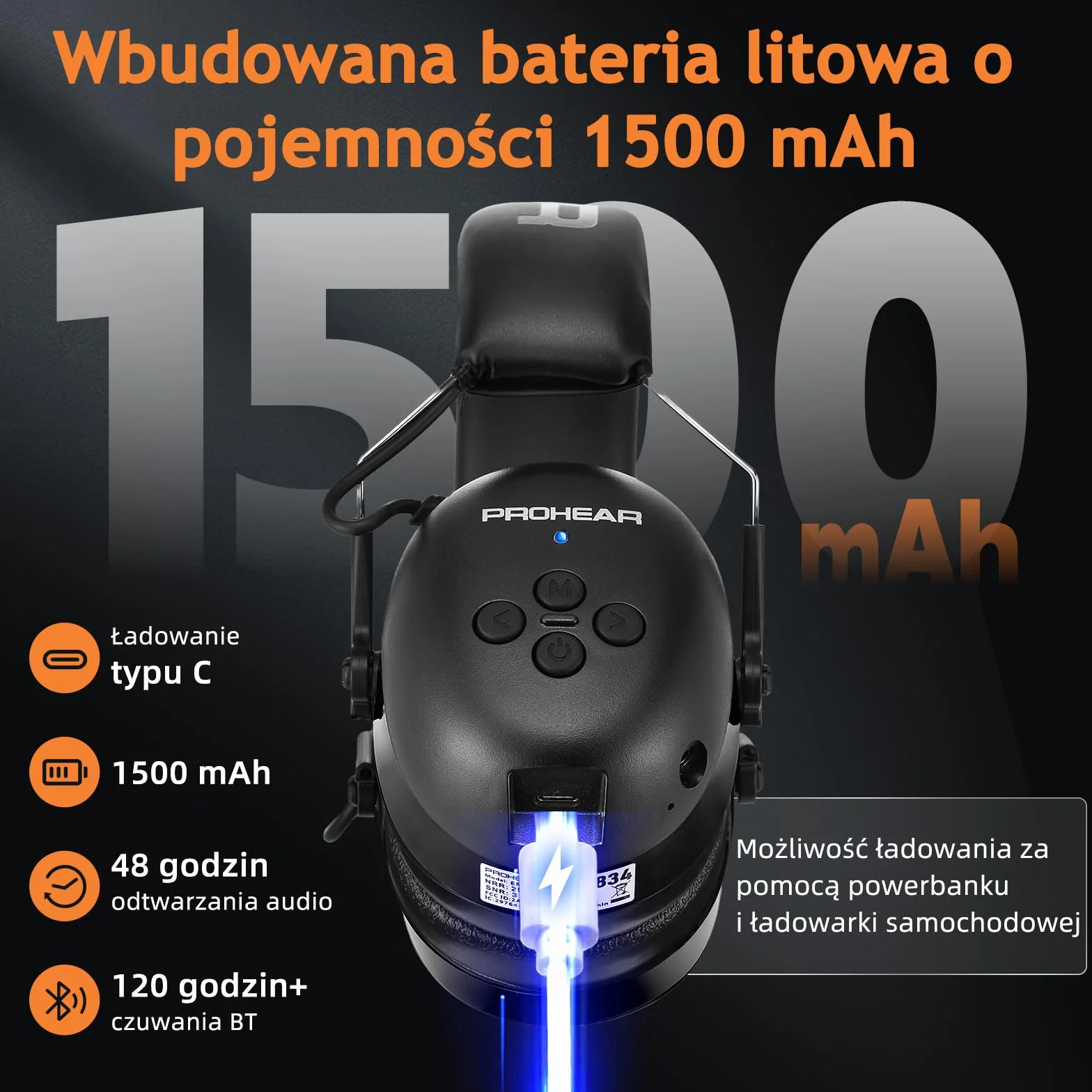 (Wersja uaktualniona) PROHEAR 037 Zestaw słuchawkowy Bluetooth 5.0 do ochrony słuchu z wbudowanym mikrofonem i funkcją redukcji szumów, odpowiedni do pracy i rozrywki, SNR 30dB-czarny