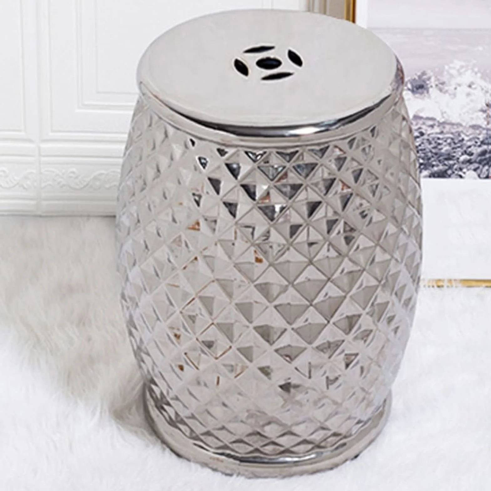 Stołek ogrodowy bębnowy ceramiczny biały