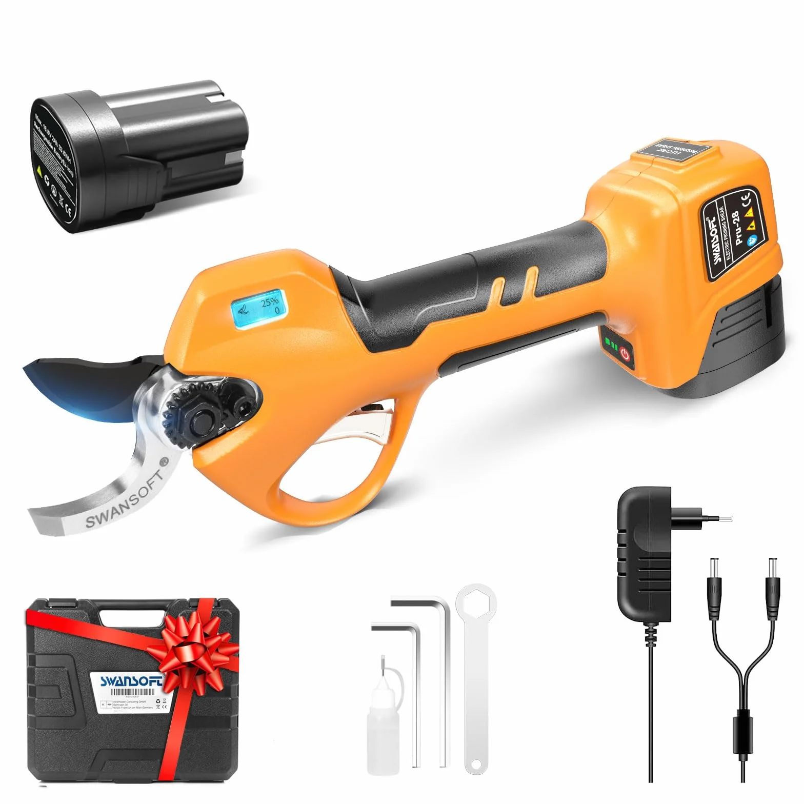 SWANSOFT PRU28 Bezprzewodowy sekator elektryczny, 28 mm 16,8 V 850 W, bezprzewodowy sekator elektryczny, do ogrodnictwa, żółty/czarny
