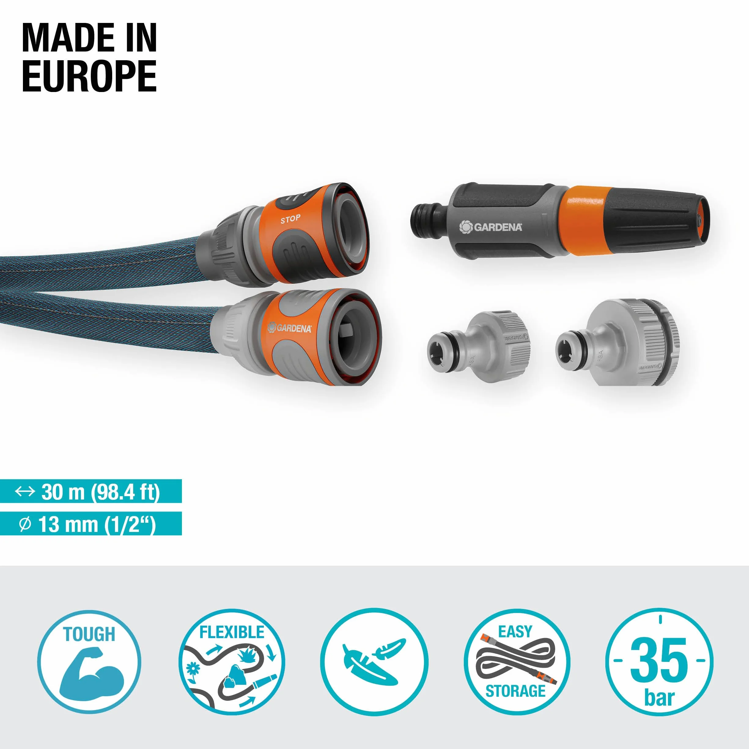 Gardena Liano Xtreme, 1/2 cala, zestaw 30 m: Wytrzymały wąż ogrodowy z materiału, do wew. kurków do wody, z wężem wewnętrznym PVC, niewielki ciężar, odporność na czynniki atmosferyczne (18477-20)