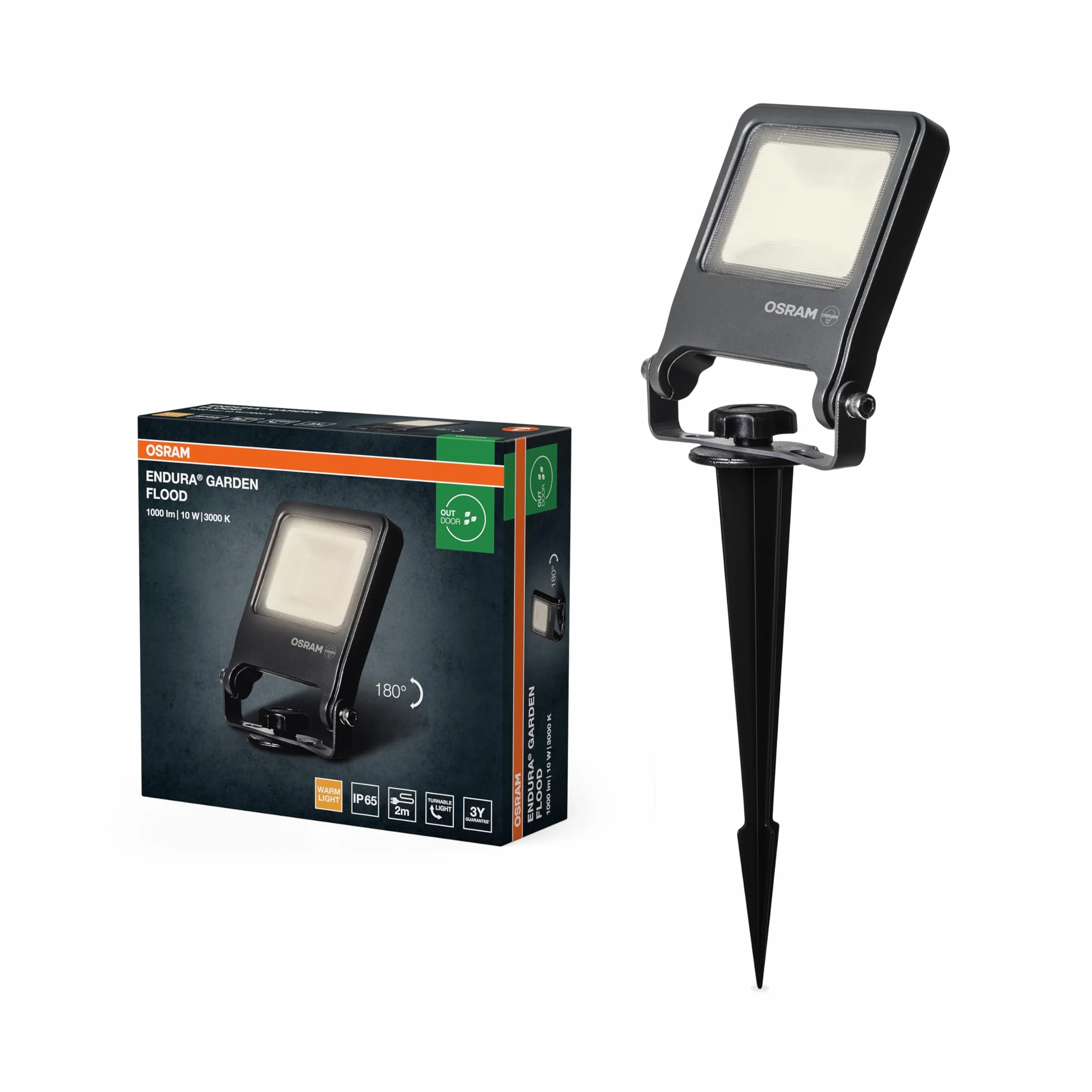 Osram ENDURA Picket Reflektor ogrodowy, 10 W, 800 lm, 3000K ciepła biel, IP65, kabel 2 m z gniazdkiem, aluminium ciemnoszary