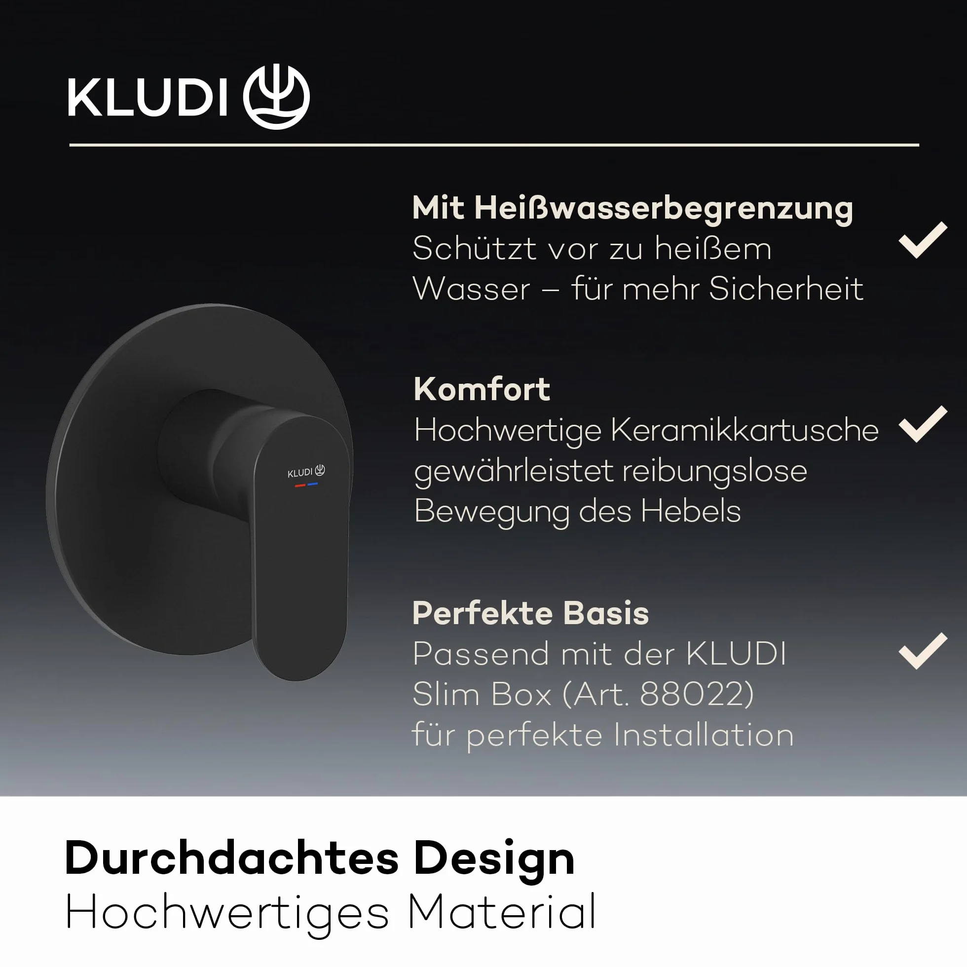KLUDI -X1 podtynkowa armatura prysznicowa z ogranicznikiem ciepłej wody, bateria prysznicowa z wysokiej jakości ceramicznym wkładem do łazienki, czarna matowa, wymagane akcesoria KLUDI Slimbox (art.