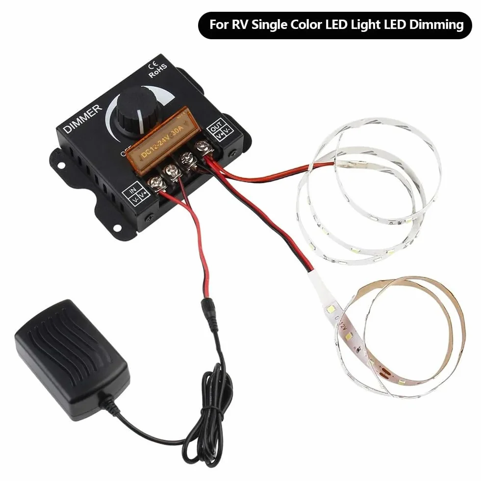Taśma LED ściemniacz, DC 12 V-24 V 30 A PWM regulator ściemniania, z przyciskiem wł./wył. do regulacji jasności, ściemniacz LED, aluminiowa obudowa, pasuje do taśm świetlnych LED 5050 3528