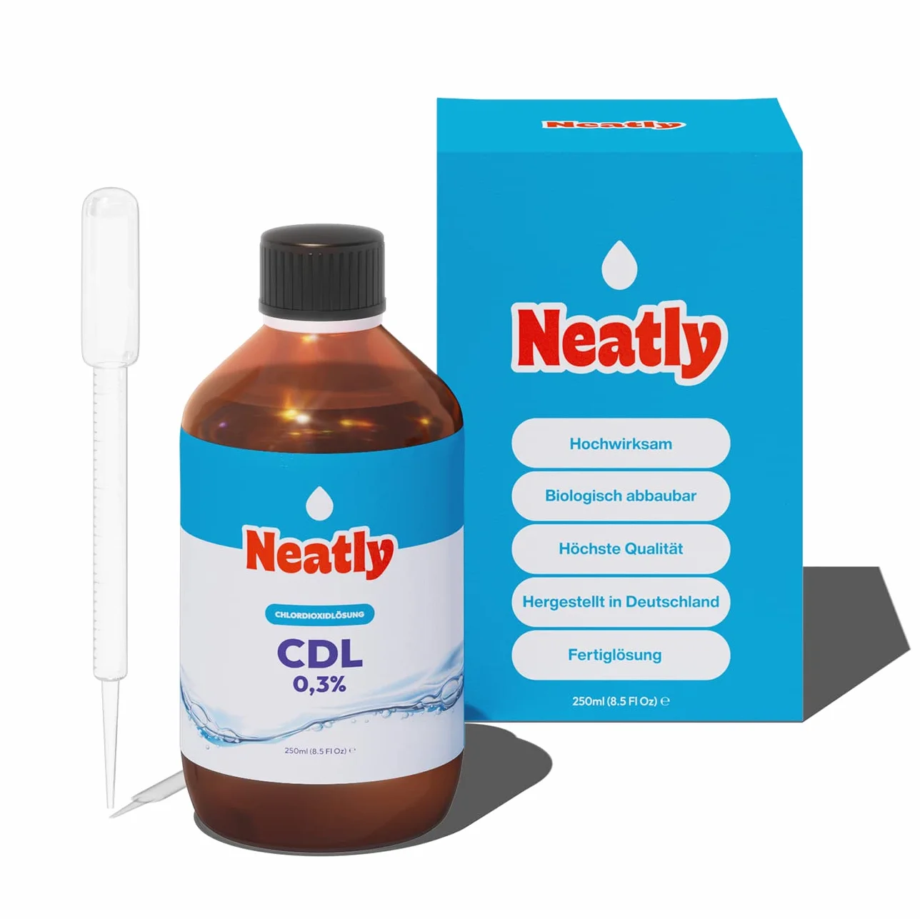 Chlorine Dioxide 250 ml 0,3% CDL do uzdatniania wody, roztwór dwutlenku chloru w butelce z brązowego szkła
