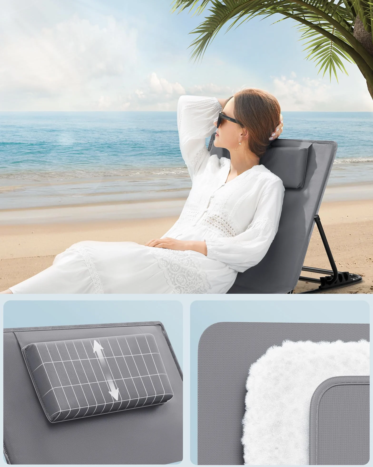 SONGMICS Krzesło plażowe Krzesło kempingowe Leżak plażowy Składane regulowane oparcie Lekki przenośny z uchwytem do basenu kempingowego ogrodowego 158 x 55 cm Łupkowoszary GCB151G01