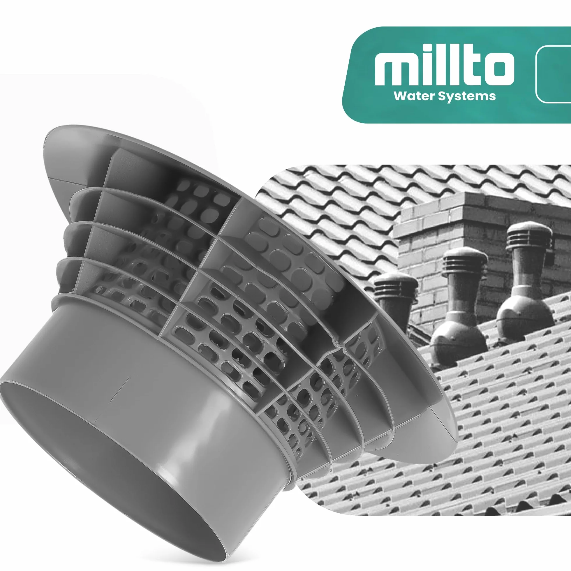 Millto™ Pokrywka Odpowietrzająca Dachowa PP Wywiewka Odpowietrznik Systemu Kanalizacji Kapturek Dachowy Rury Odpływowej (Szary | 110 mm)