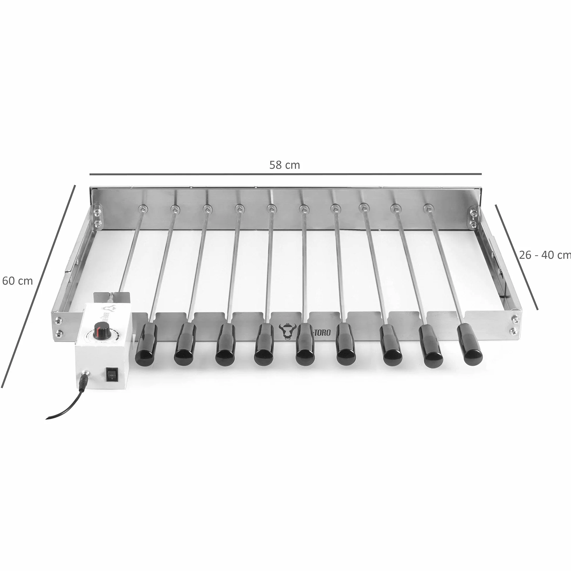 BBQ-Toro zestaw do szaszłyków, stal nierdzewna, 10 szpikulców i silnik, regulowany rozmiar (szer.) 58 x (głęb.) 26-40 cm, z wtyczką i kablem USB, Mangal, do szaszłyków