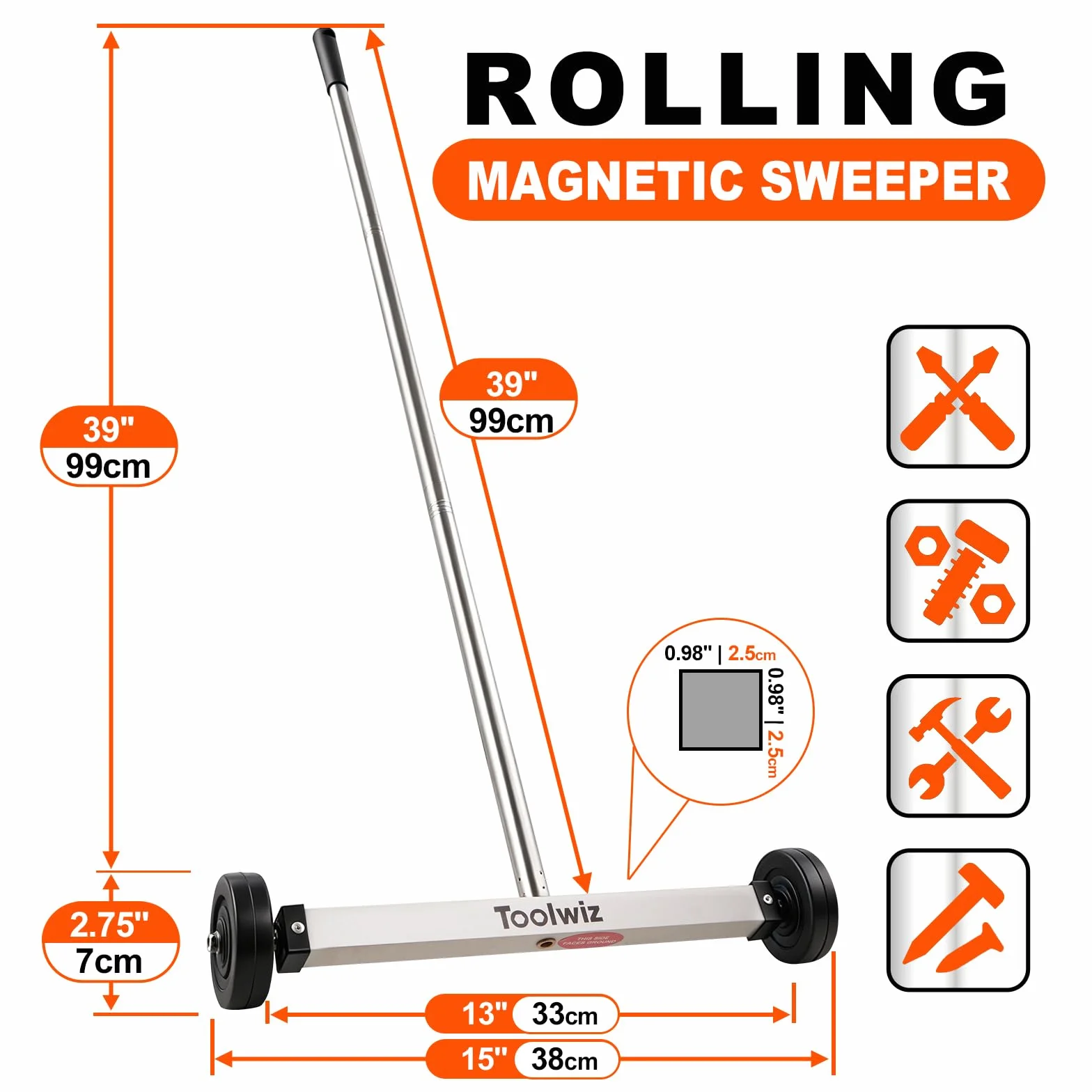 Toolwiz Magnetyczna zamiatarka do podnoszenia 38 cm, 38 cm, wytrzymały magnes do zbierania trawnika, narzędzia dachowe, 4,53 kg, 4,5 kg, narzędzia podwórkowe z teleskopowym uchwytem i kółkami do