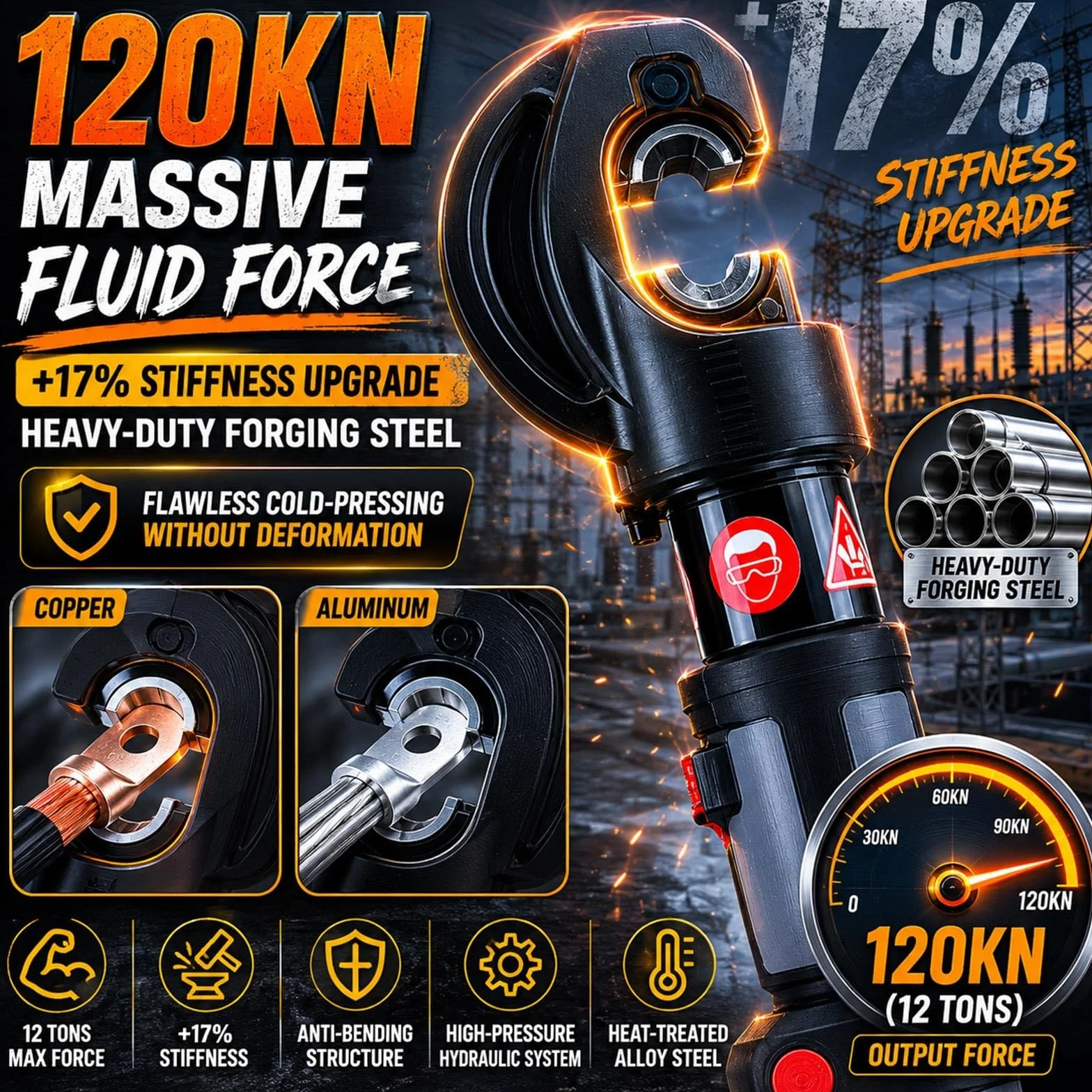 Elektryczna Zaciskarka Hydrauliczna 18V 120KN, Narzędzie Zaciskowe Kabli Terminali 16-400mm², Prasa do Rur Miedzianych z Automatycznym Powrotem i 2 Akumulatorami 4Ah