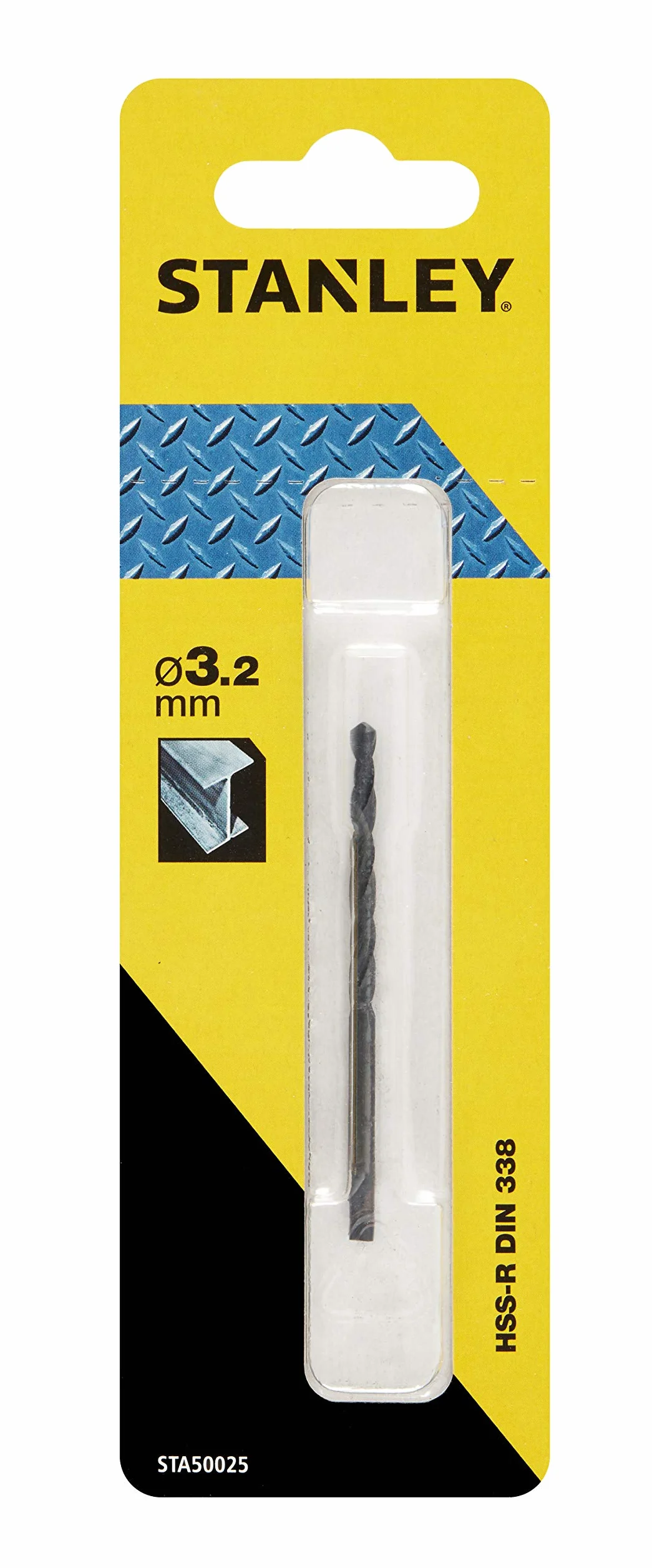 Stanley STA50025-QZ wiertło do metalu HSS-R (średnica wiertła 3,2 mm, długość całkowita 65 mm, długość spiralna 36 mm, DIN338, odpowiednie do metali, 1 sztuka), czarny/żółty