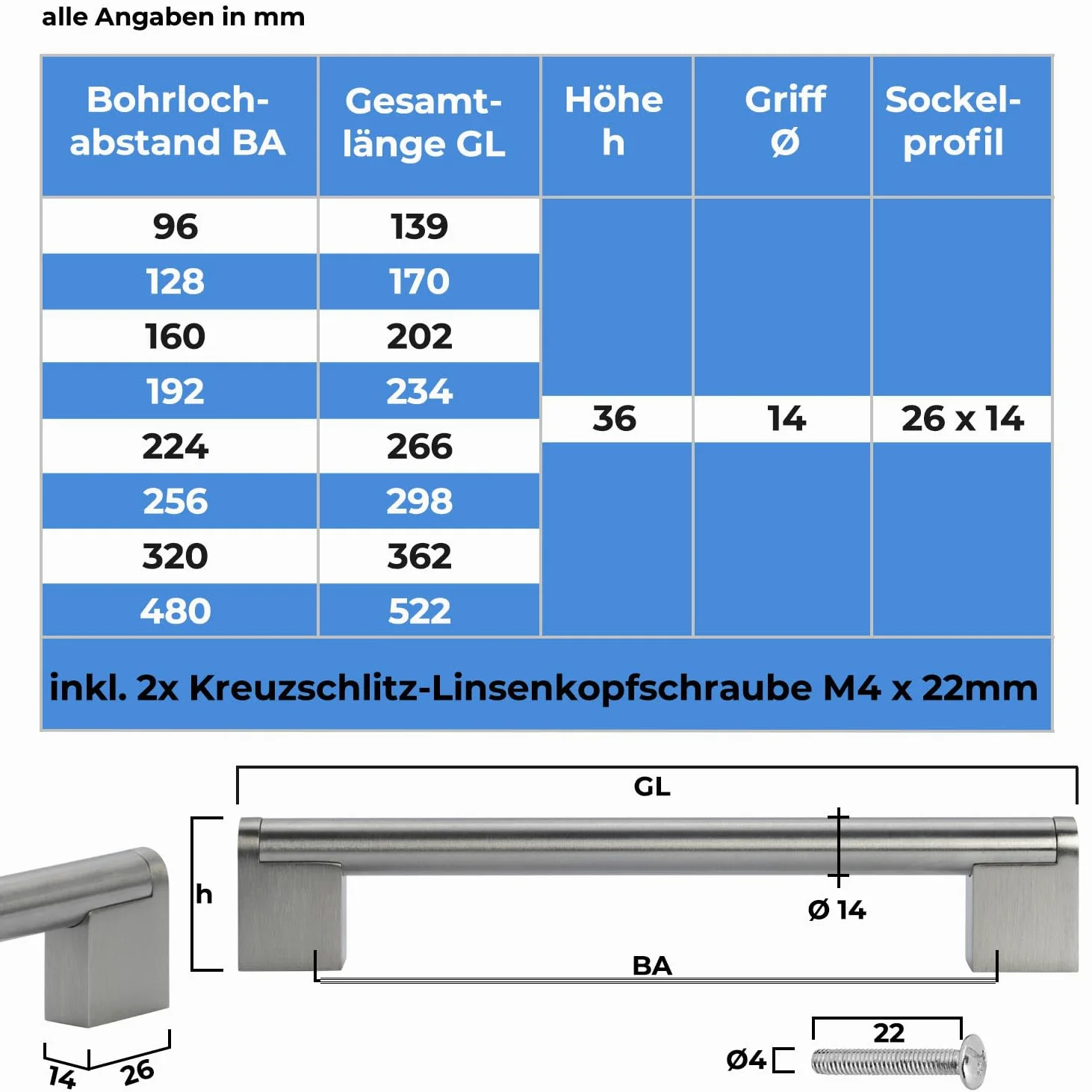 Stahlia 25 x uchwyty meblowe 96 mm, rozstaw otworów, stal nierdzewna, okrągłe, Ø 14, uchwyty kuchenne, uchwyty do szafek kuchennych i mebli, uchwyty do drzwi kuchennych, do szuflad, do szafek