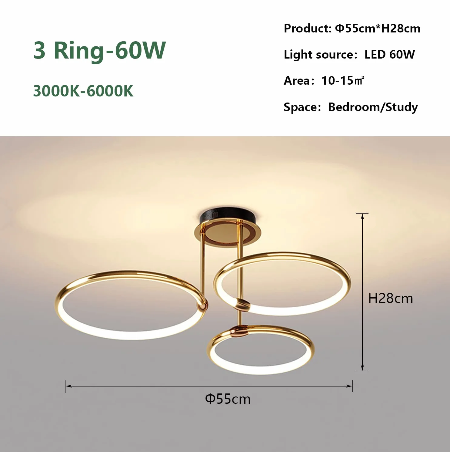 Lampa sufitowa LED Złoty pierścień Nowoczesny ściemnialny z pilotem Metalowy akrylowy okrągły żyrandol Salon Kuchnia Sypialnia Biuro Jadalnia Lampa Dekoracja Oświetlenie (3 pierścienie,Ø55cm,60W)