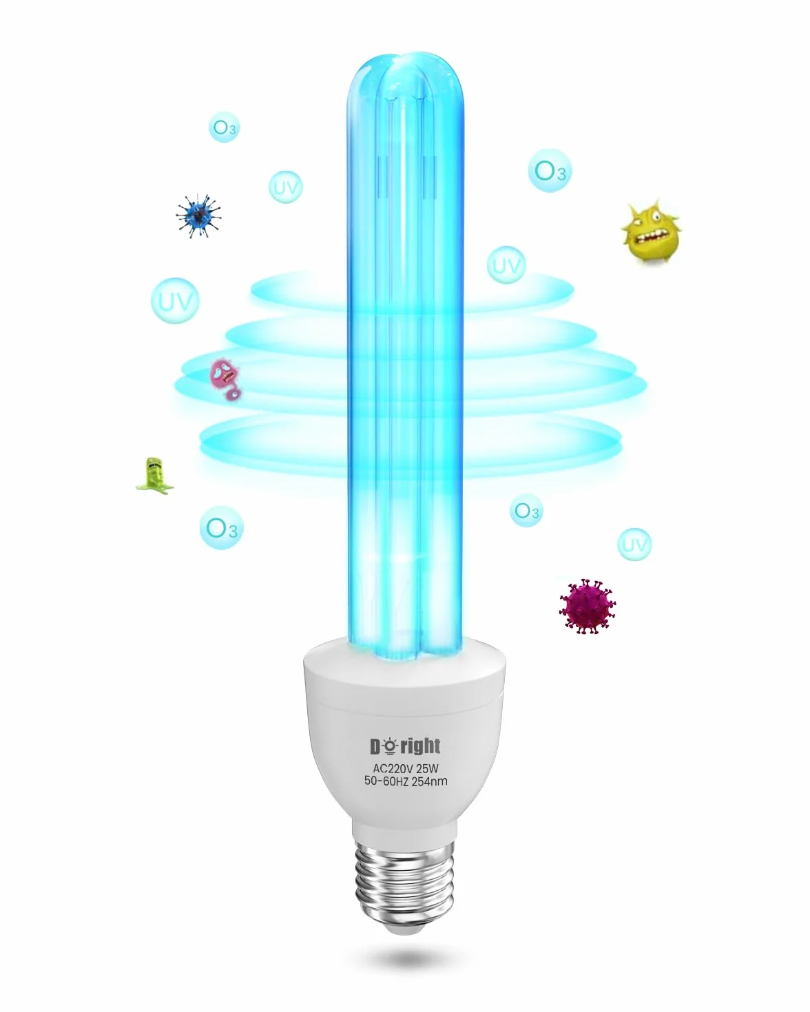 DoRight Lampa UV Ozon E27 25 W bakteriobójcza lampa UVC 254 nm z rurką kwarcową, oson ozon przeciw bakteriom wirusom i roztoczom AC220-240V do domów, biur, restauracji i szkół (1 sztuka)