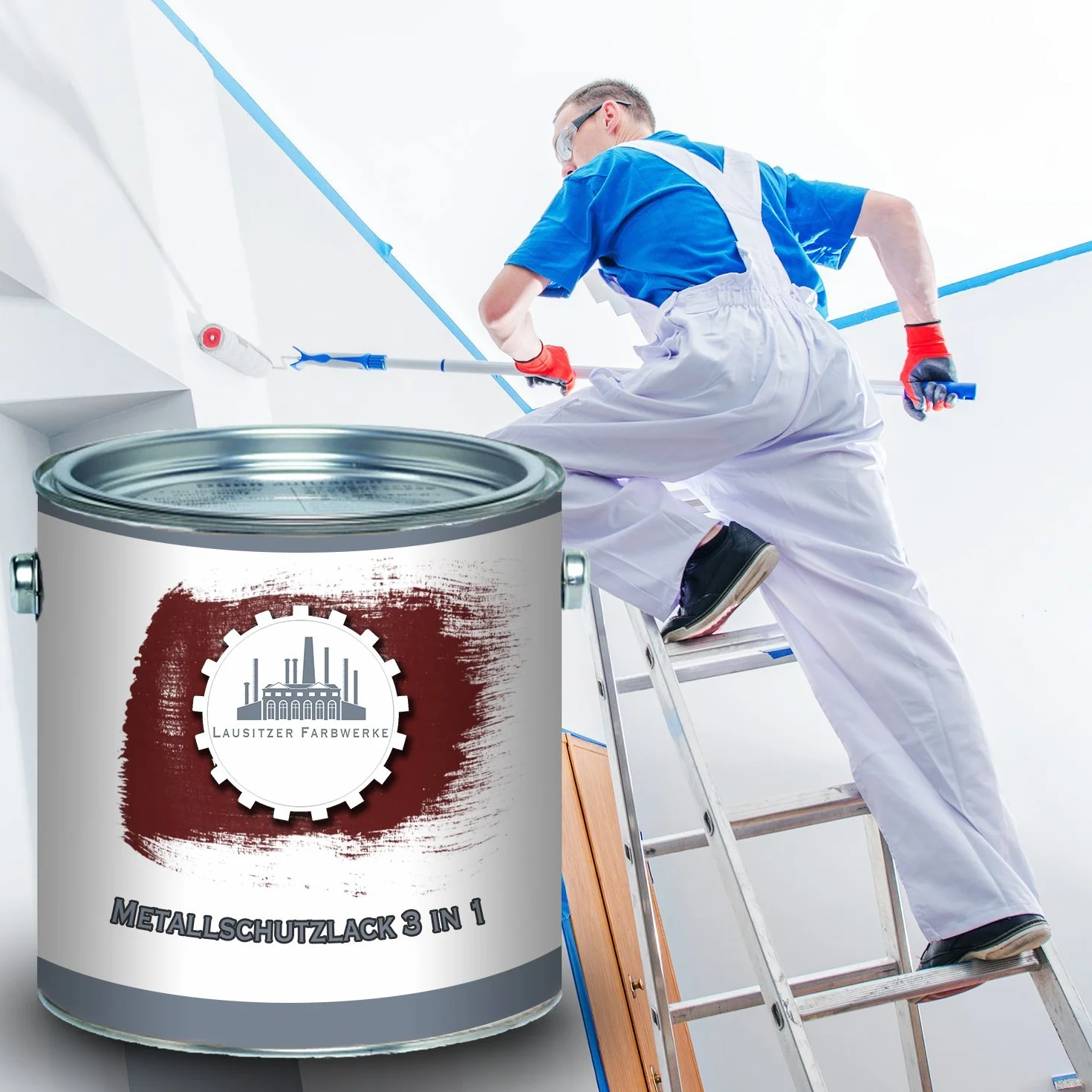 Lausitzer Farbwerke Farba ochronna do metalu 3 w 1, lakier ochronny do metalu 3 w 1, oszczędzasz sobie produktów antykorozyjnych, farba do metalu, stali, żelaza, cynku, aluminium (5 l, czerwono-brązowy (RAL 8012))