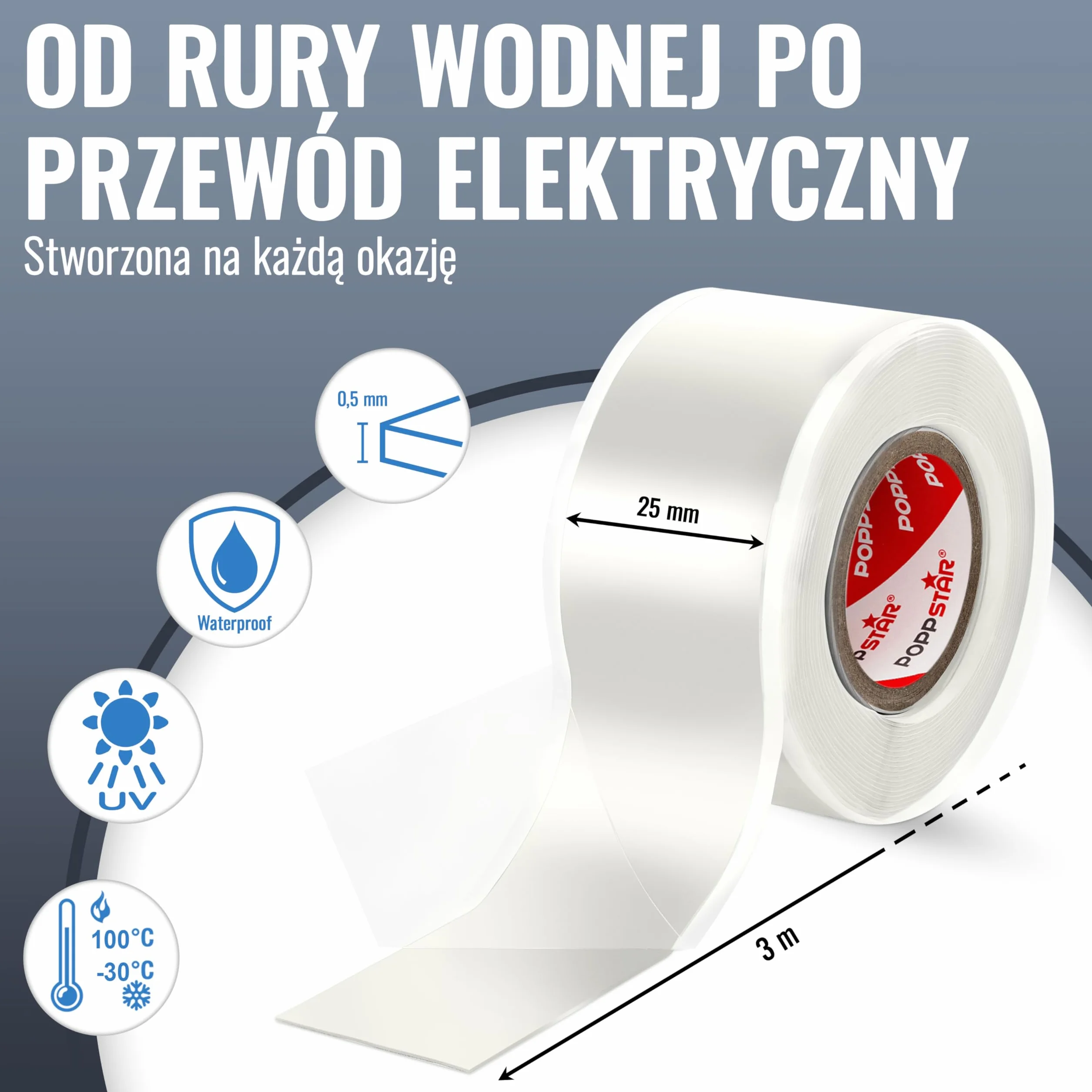 Poppstar samowulkanizująca taśma silikonowa, 3 m x 25 mm, izolacyjna i uszczelniająca (woda, powietrze), przezroczysta, 1 rolka
