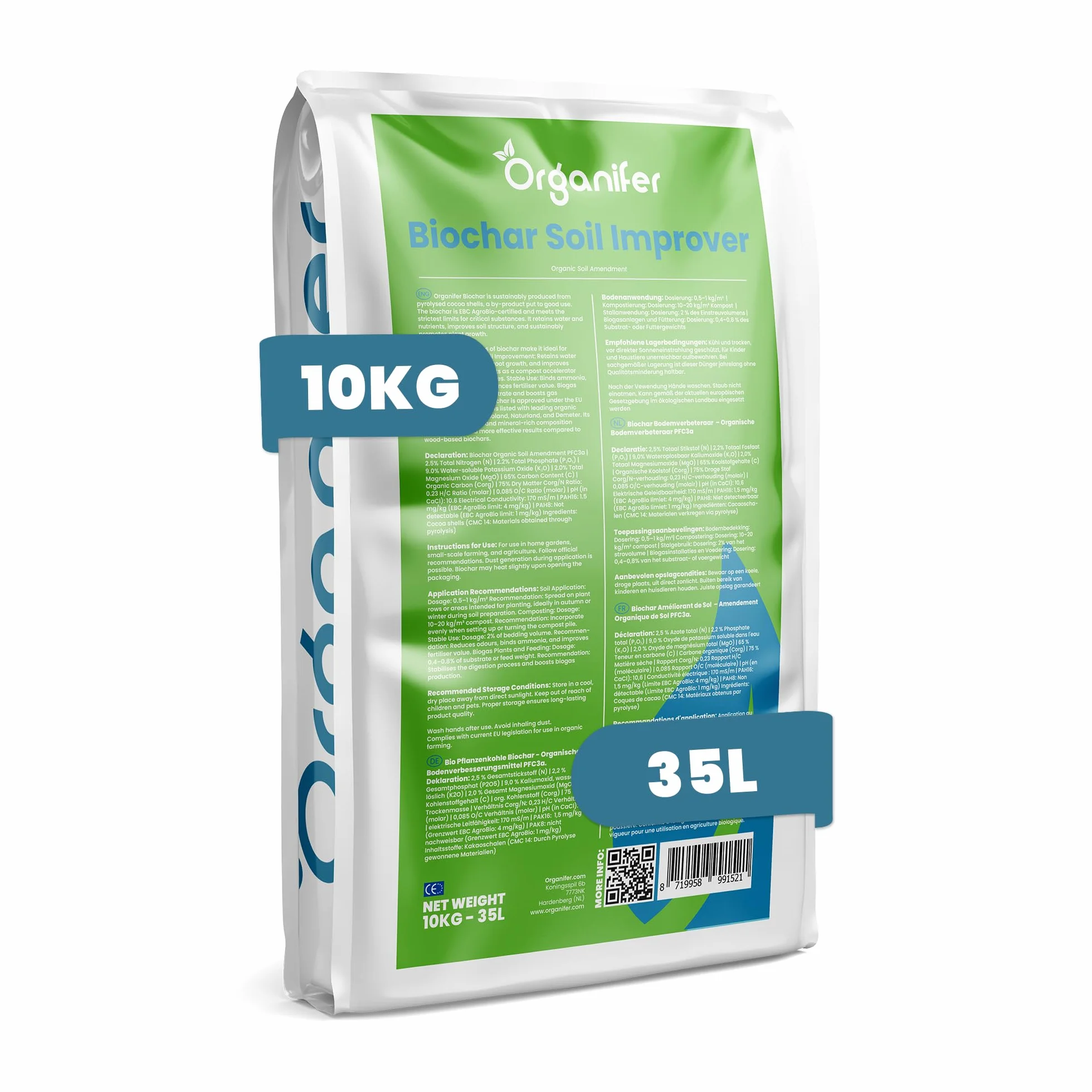 Biowęgiel Organifer 10 kg poprawiający glebę z łupin kakaowca 65% węgiel organiczny