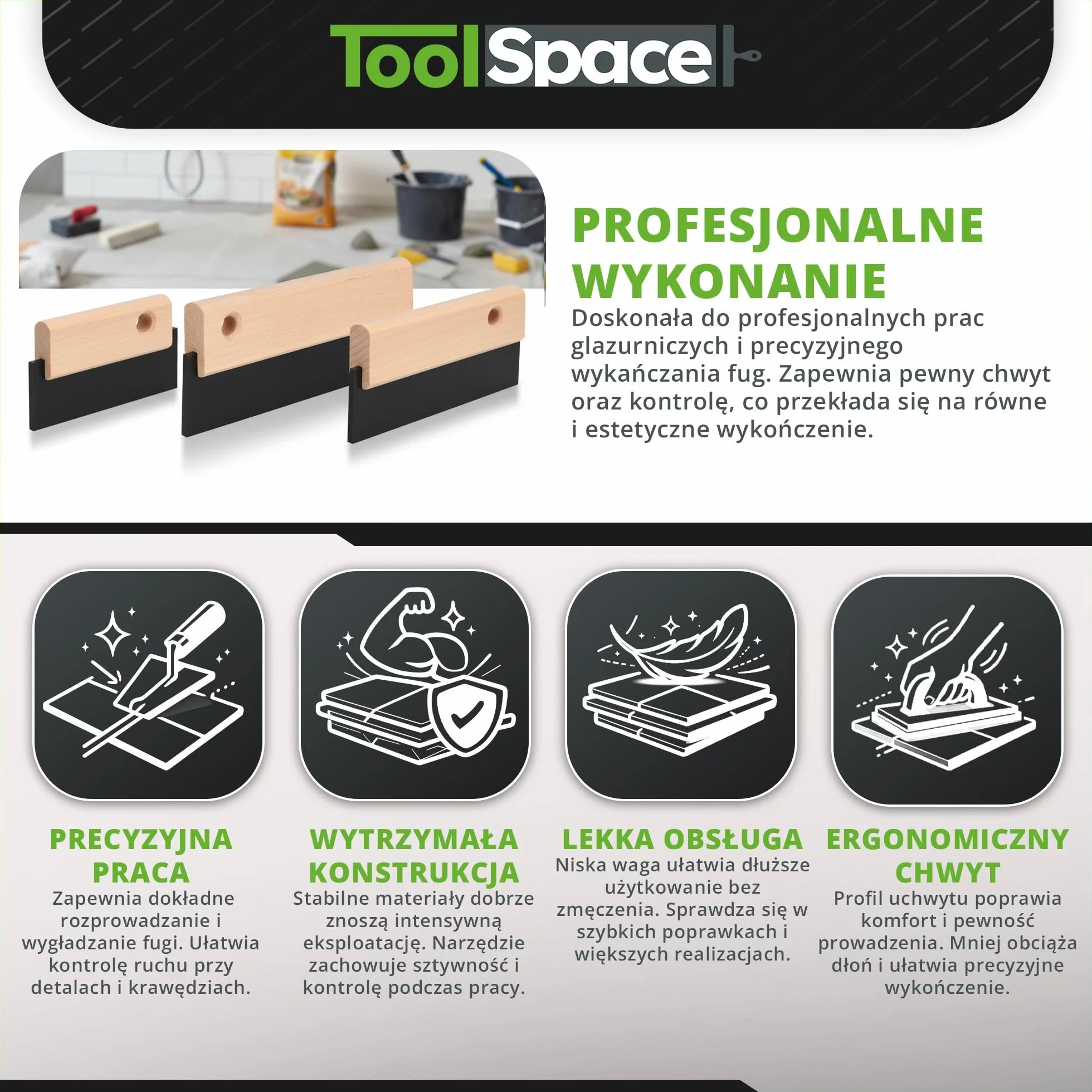 ToolSpace Fugownica - 15 cm - Fugówka, Gumowa Szpachelka do fugowania, do płytek - Narzędzie glazurnicze - Drewniany uchwyt, gumowa część robocza - Elastyczna i Trwała Guma - Precyzyjna Praca