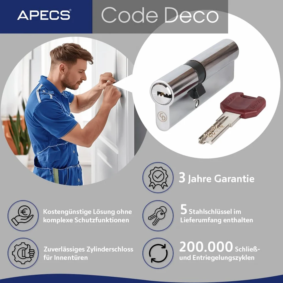APECS Cylinder zamykający zamek bezpieczeństwa drzwi mieszkania cylinder gałki 90 (45/45C) mm z 5 kluczami model CodeDeco ZM-90(45/45C)-C chrom