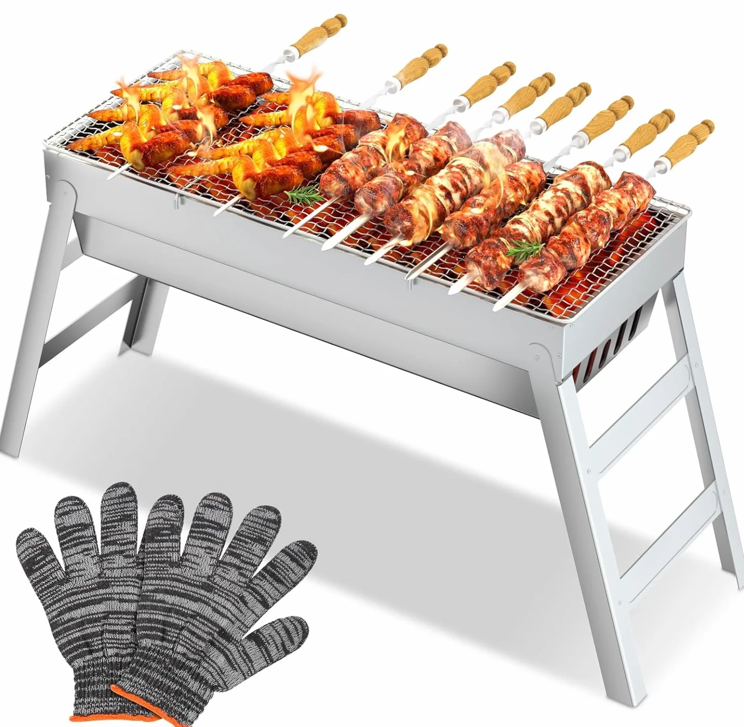 CIRULLI Przenośny grill na węgiel drzewny ze stali nierdzewnej – kompaktowy, składany grill na kemping, do ogrodu i na balkon, do użytku na zewnątrz, na kemping (44 x 20 x 36 cm)