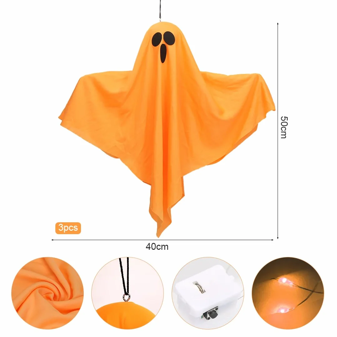 Dekoracja na Halloween, 3-częściowy wiszący duch z oświetleniem, dekoracja w kształcie chorągiewki LED (pomarańczowe światło), do ogrodu na Halloween, wewnątrz i na zewnątrz