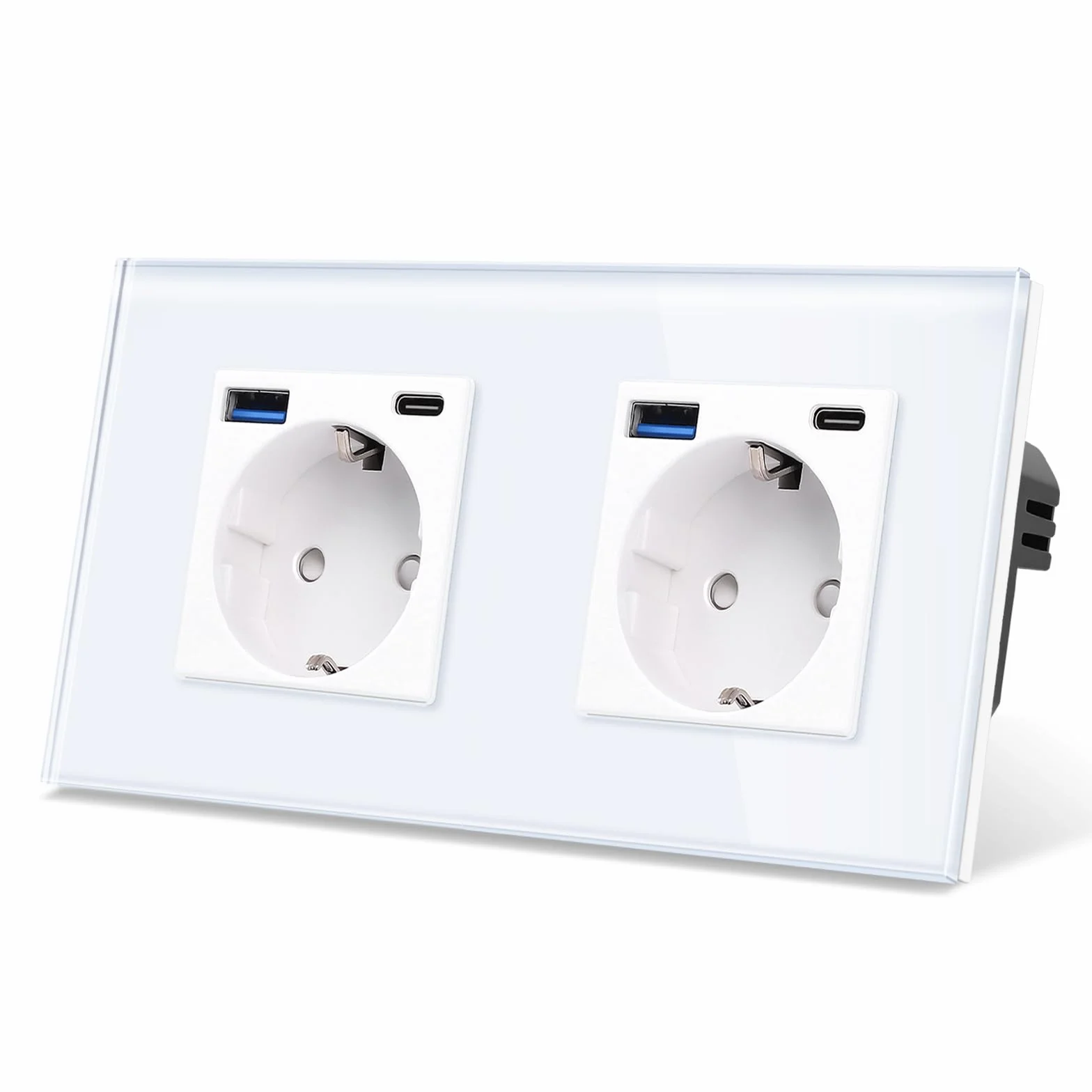 CNBINGO Podwójne szklane gniazdko z portami USB (typ C i typ A, szybkie ładowanie 20 W), gniazdko podtynkowe w kolorze białym, styk ochronny, gniazdko ścienne ze szklaną ramą