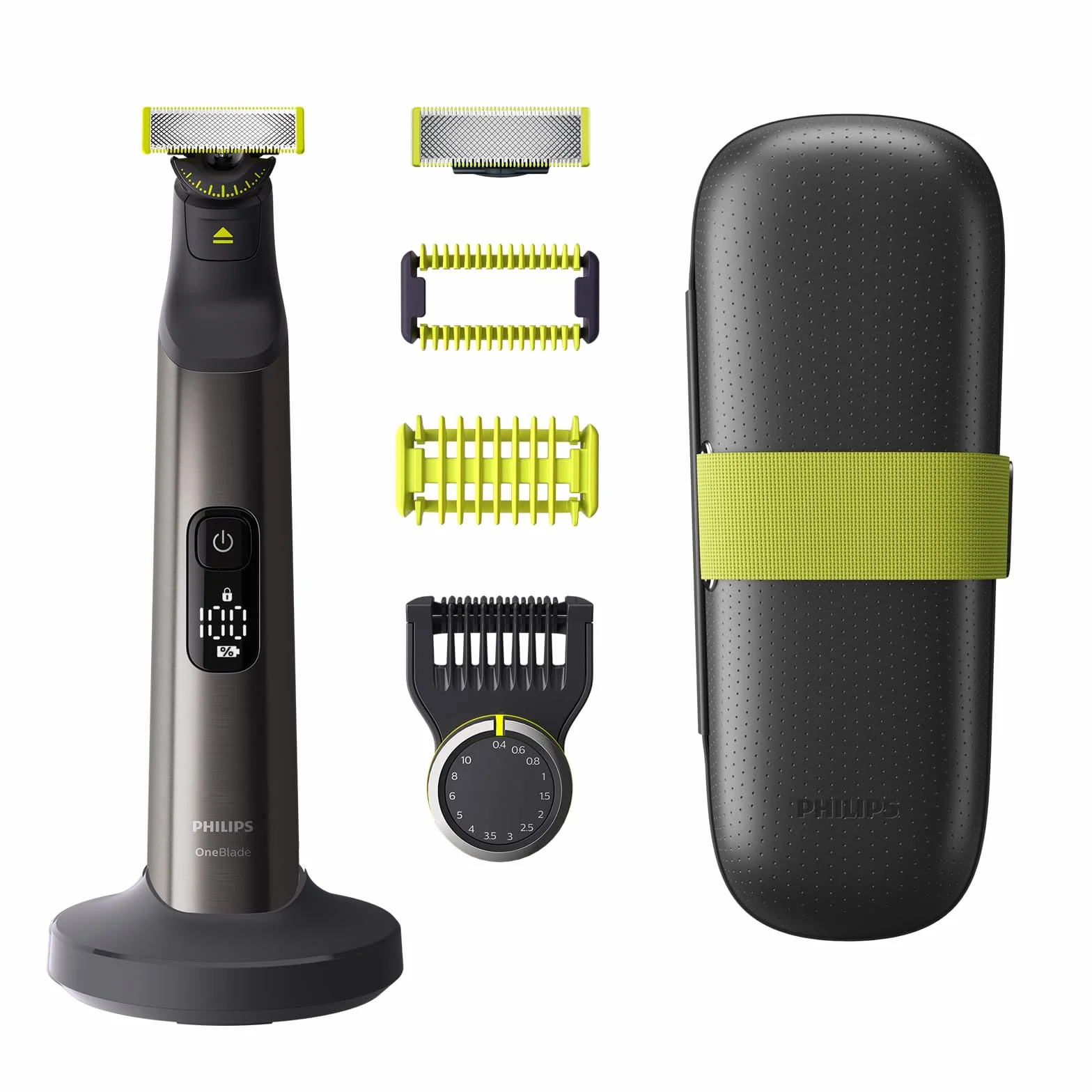 Autentyczny Philips OneBlade Pro 360 — Golarka do twarzy i ciała, 1x ostrze 360, 1x nasadka grzebieniowa o 14 długościach, 1x zestaw do ciała, 1x podstawka ładująca, 1x etui podróżne (model QP6651/30)