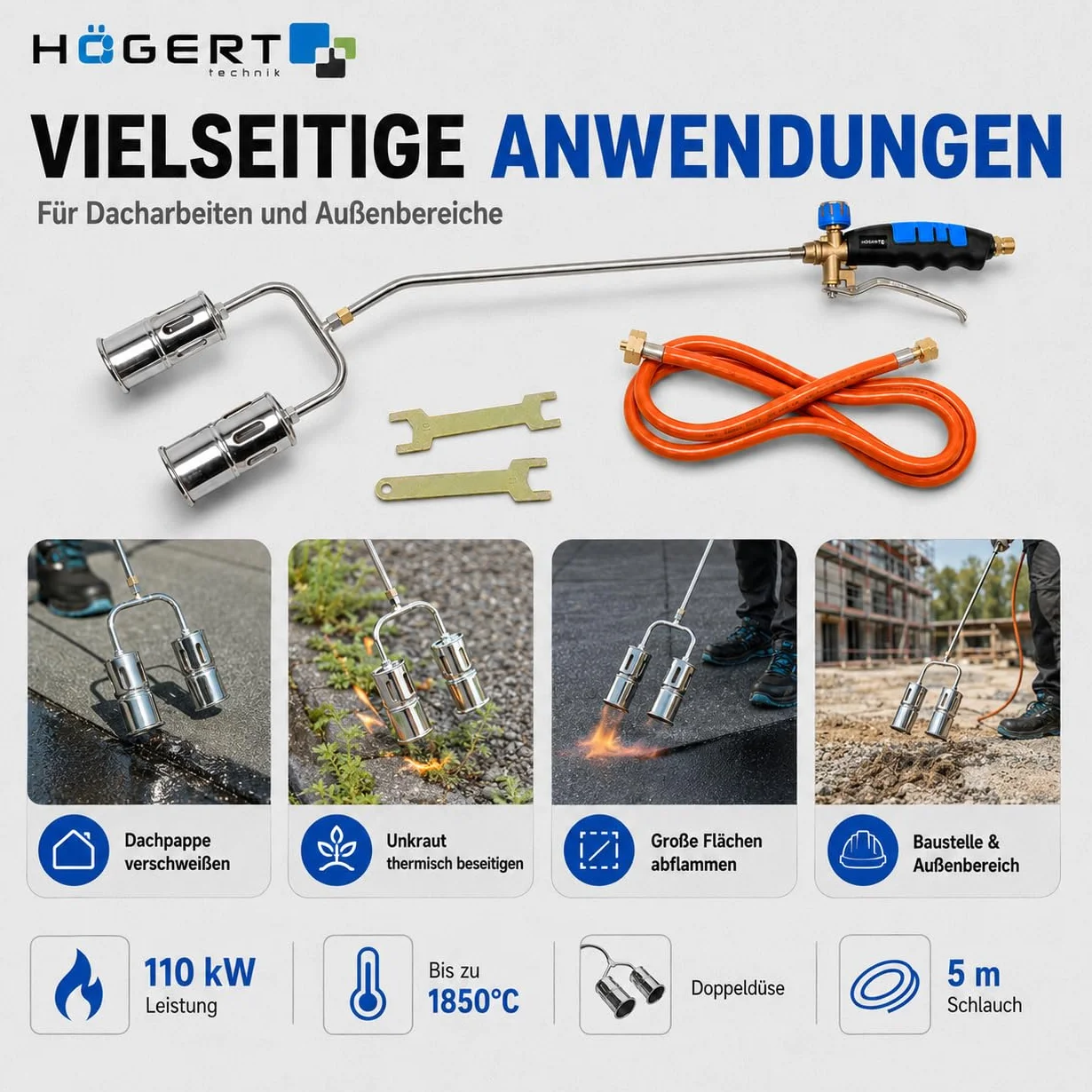 Högert Technik Zestaw palników dachowych z podwójną dyszą HT2C513, palnik gazowy 110 kW, do 1850 C, 100 cm lanca palnika, w zestawie wąż 5 m, do usuwania chwastów papy dachowej