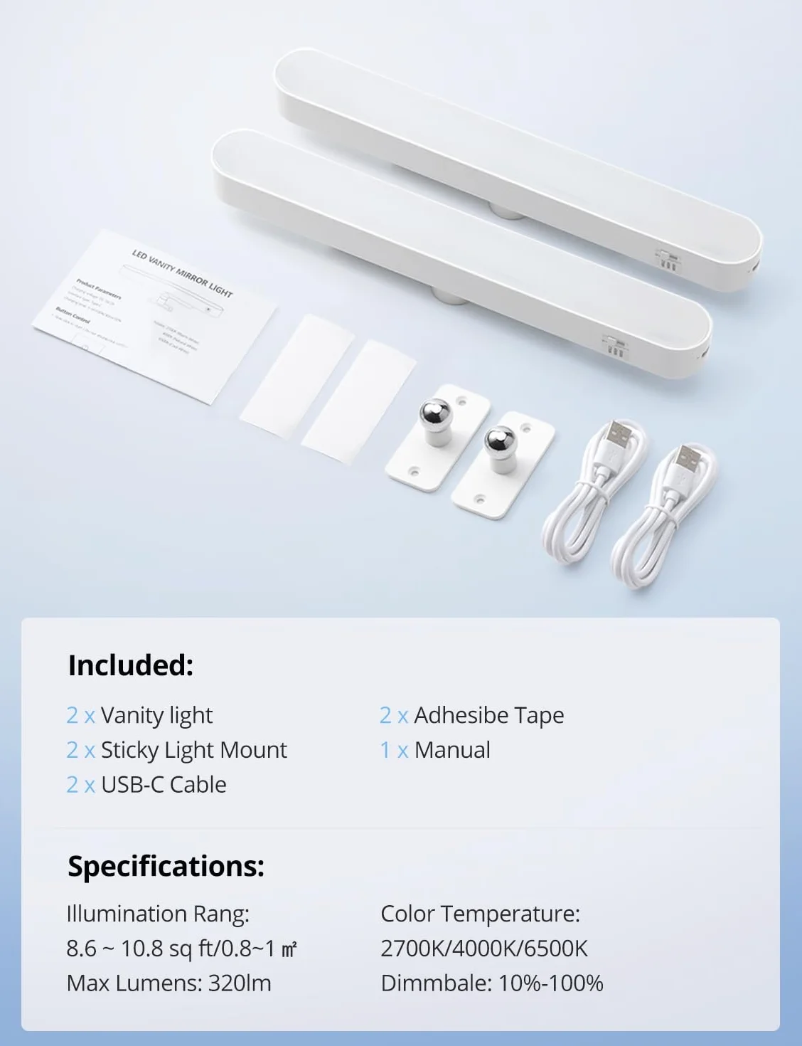 Combuh Bezprzewodowa LED Lampa do Lustra z Ładowaniem 14 Dni Autonomii 4000mAh Oświetlenie do Makijażu Przyssawka 3 Regulowane Temperatury Barwowe 2 sztuka