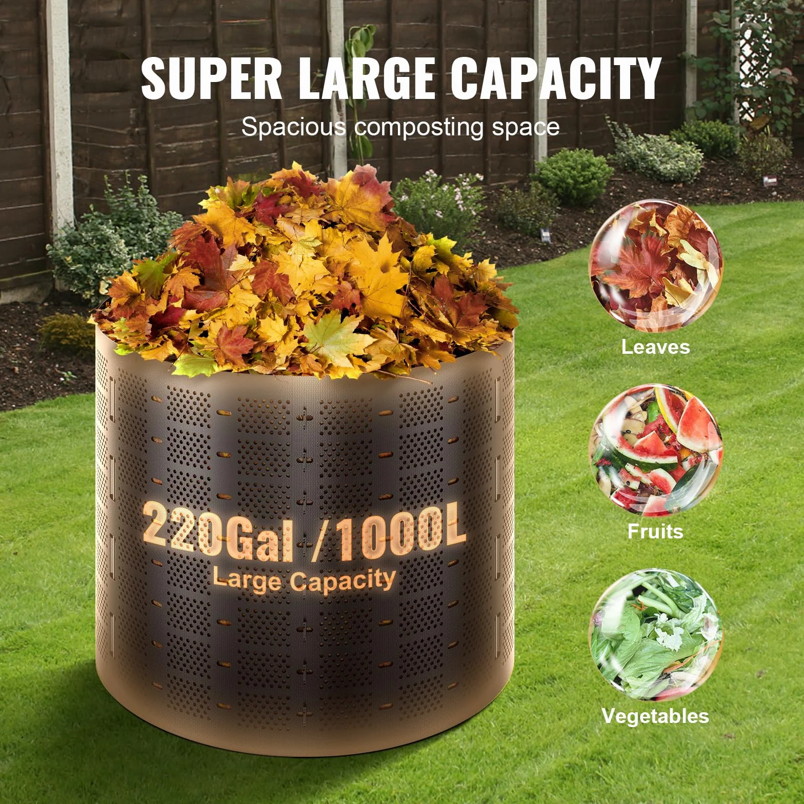 VEVOR Kompostownik ogrodowy 1000 l ok. HDPE rozszerzalny pojemnik na kompostowanie o średnicy 106,68 cm duża pojemność do zbierania liści kompostowania do tworzenia żyznej gleby