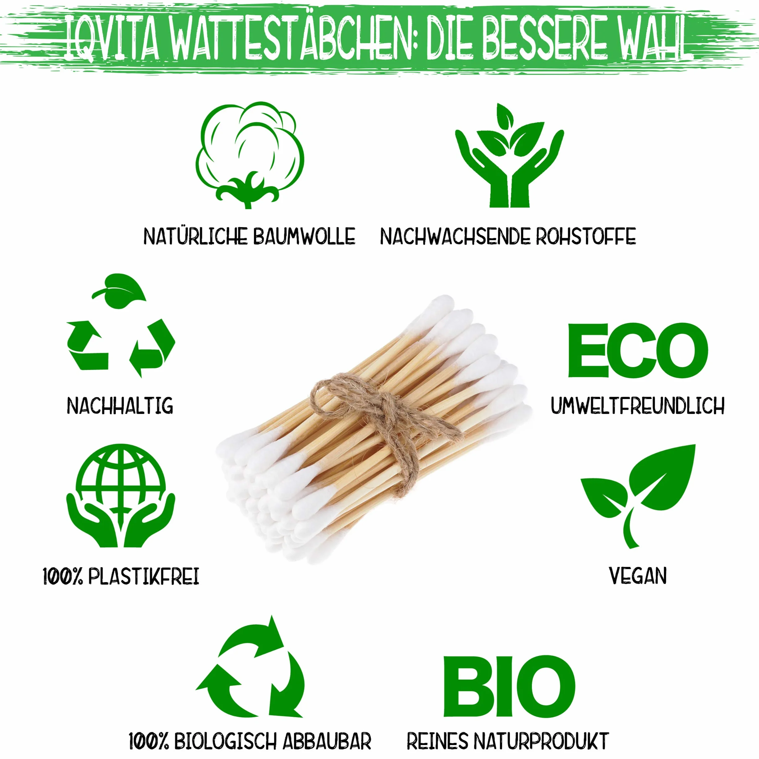 1200 bambusowych patyczków higienicznych (6 x 200 sztuk) – w 100% wolne od plastiku, biodegradowalne, wegańskie i trwałe – czysty produkt naturalny