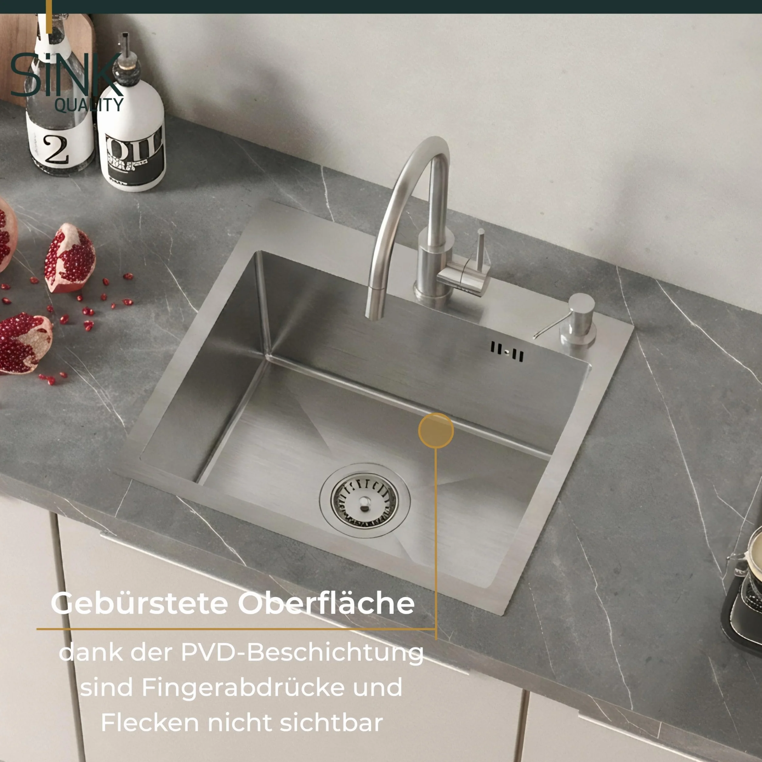 Sink Quality zlewozmywak ze stali nierdzewnej 50 x 45 cm – odporna na zarysowania powłoka PVD i oszczędzający miejsce syfon, zlewozmywak ze stali nierdzewnej 304 do szafki pod umywalkę 50 cm, łatwy w