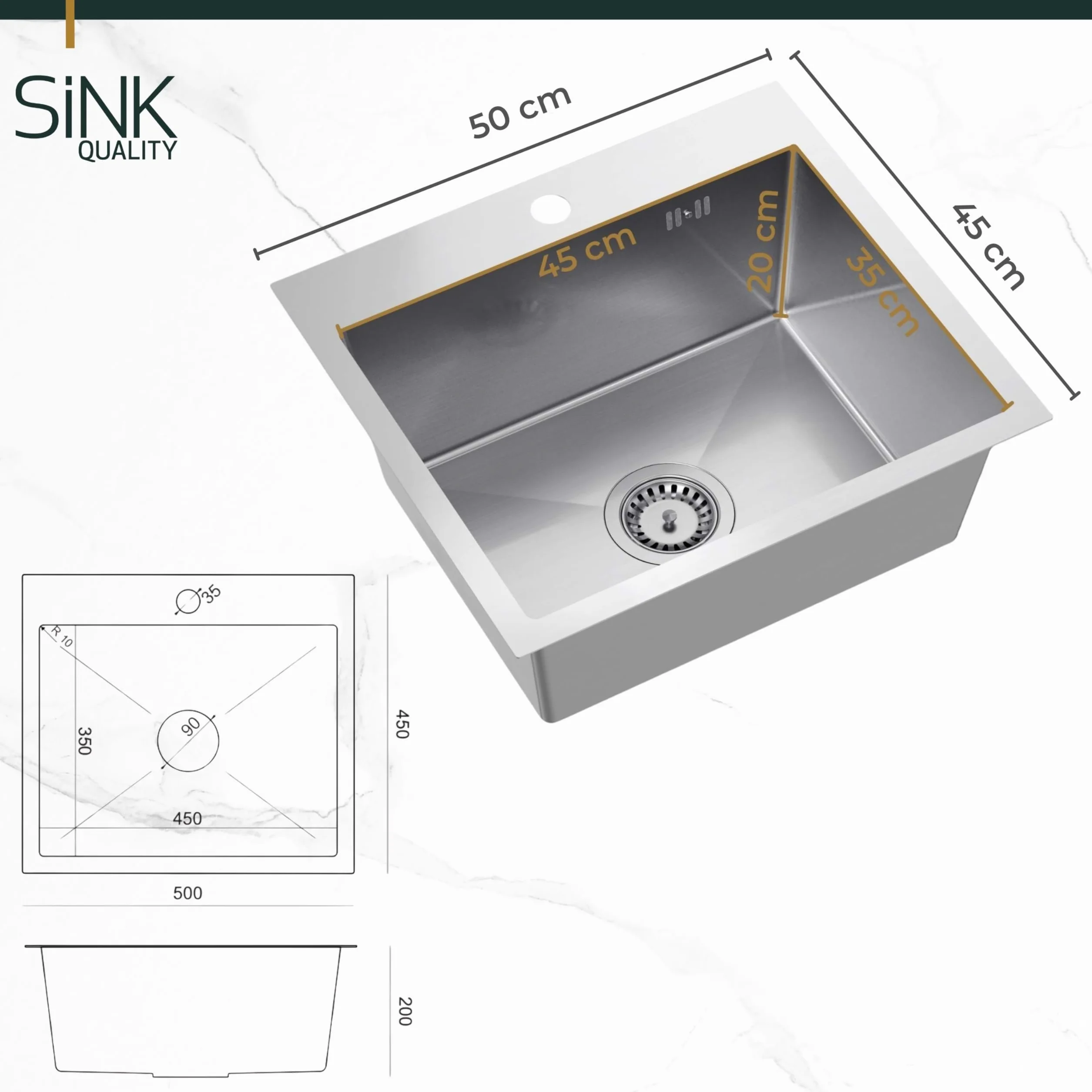 Sink Quality zlewozmywak ze stali nierdzewnej 50 x 45 cm – odporna na zarysowania powłoka PVD i oszczędzający miejsce syfon, zlewozmywak ze stali nierdzewnej 304 do szafki pod umywalkę 50 cm, łatwy w