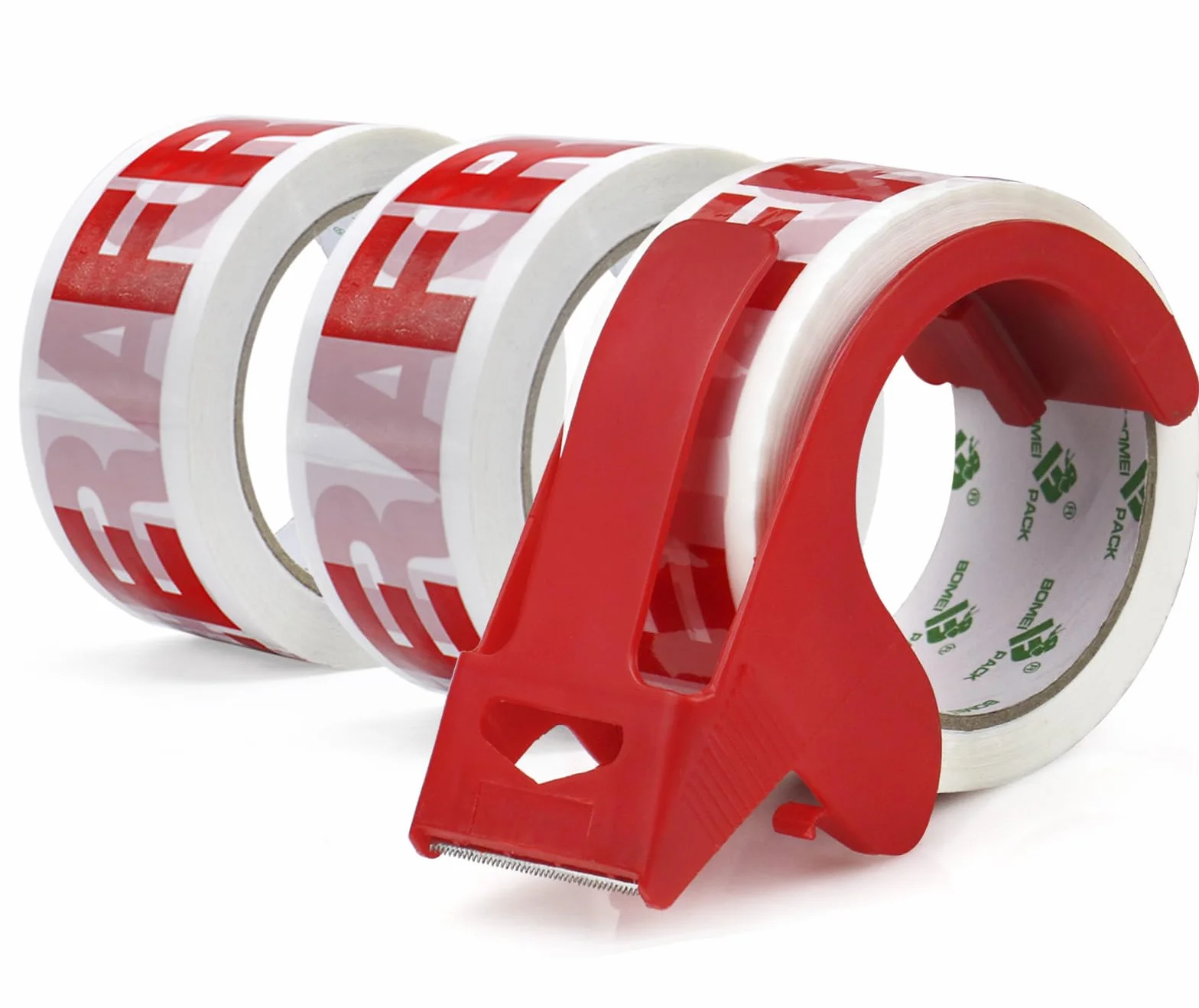 BOMEI PACK Zestaw 3 rolek taśmy klejącej z fragile (kruche) 48 mm x 66 m, ekstra mocna, z odwijarką w zestawie, taśma klejąca, do kartonów do przeprowadzek i uwaga taśma do pakowania