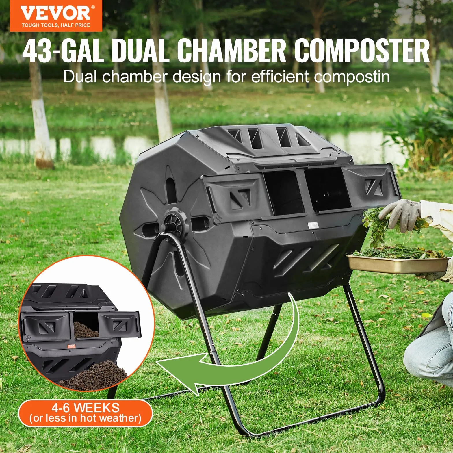 VEVOR kompostownik Tumbling 162,7 l obrotowy podwójną przestrzenią 735 x 625 x 955 mm 50 kg