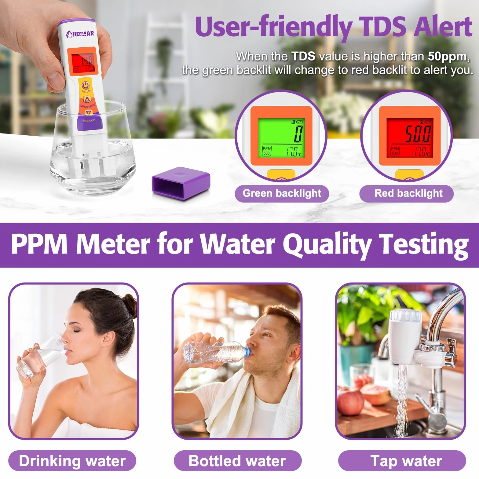 UIUZMAR Cyfrowy miernik TDS wody, tester wody pitnej, wody z kranu, 3 w 1 PPM EC miernik temperatury z wyświetlaczem LCD, nadaje się do filtrowanej wody, systemów RO, wody ze studni